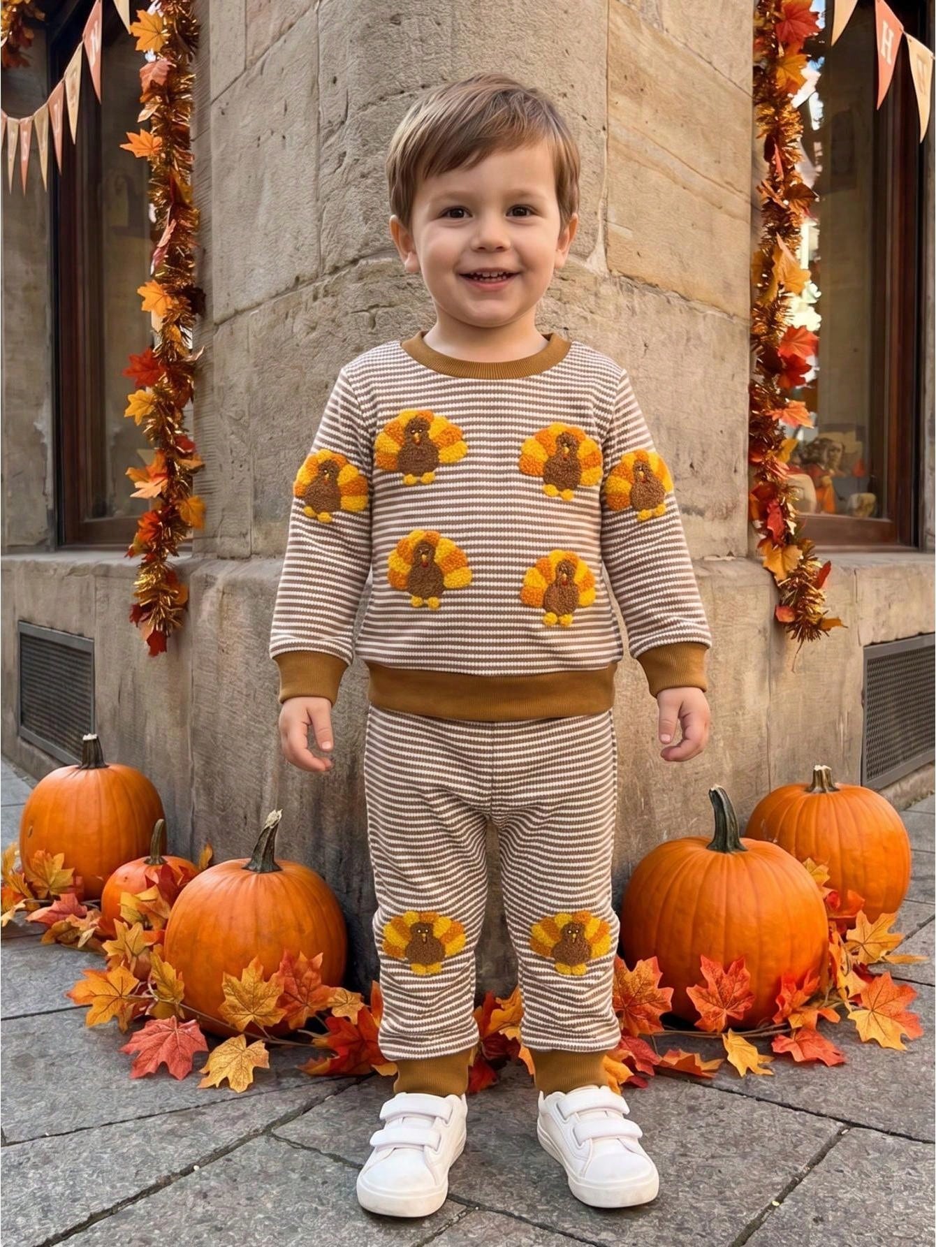 1-4T Toddler Boy Thanksgiving Clothes Set Turkey Embroidery Long Sleeve Crew Neck Sweatshirts And Stripe Pants 2 Piece Outfits
