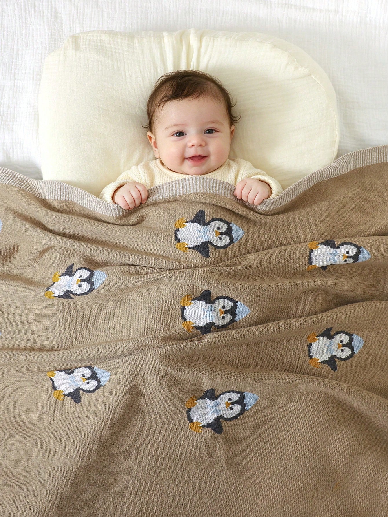 100% Cotton Baby Blanket, Cute Penguin Knitted Infant Stroller Blanket, Newborn Baby Air Conditioning Cover Quilt