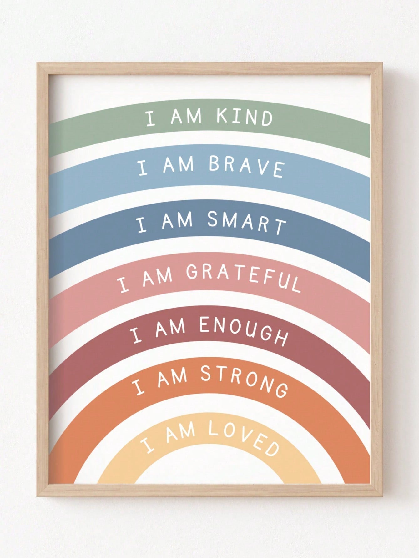1pc Canvas Wall Art, Framed Children's Room Decor, Bohemian Style Rainbow Kids Inspirational Poster, With "I Am Kind, Brave, Smart, Content, Strong And Loved." This Poster Features A Minimalist Modern