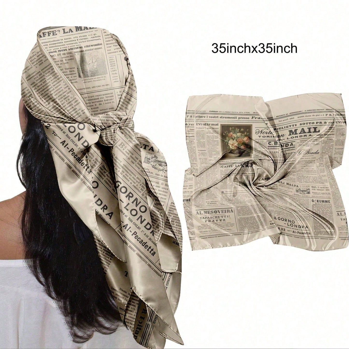 1PC Vintage Newspaper Headscarf Scarf For Women- Soft Head Scarf, Casual Bandana,Hair Wrap, Neck Scarf, Shawl- Fashion Accessories For Women