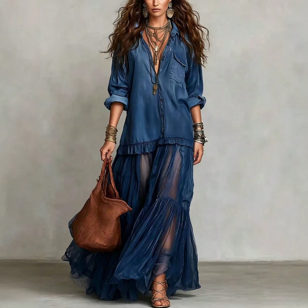 2026 Hot Vintage Collar Faux Denim Maxi Dress With Pockets Casual Women Dress