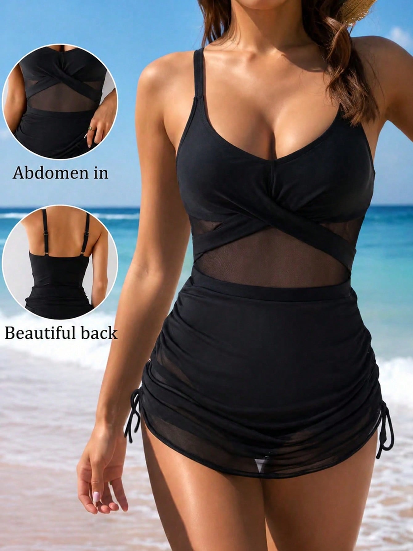 2026 New One-Piece Swimsuit For Women, Mesh Patchwork Hollow-Out Design With Skirt, Elegant Slimming Swimwear Vacation Beach Black Summer