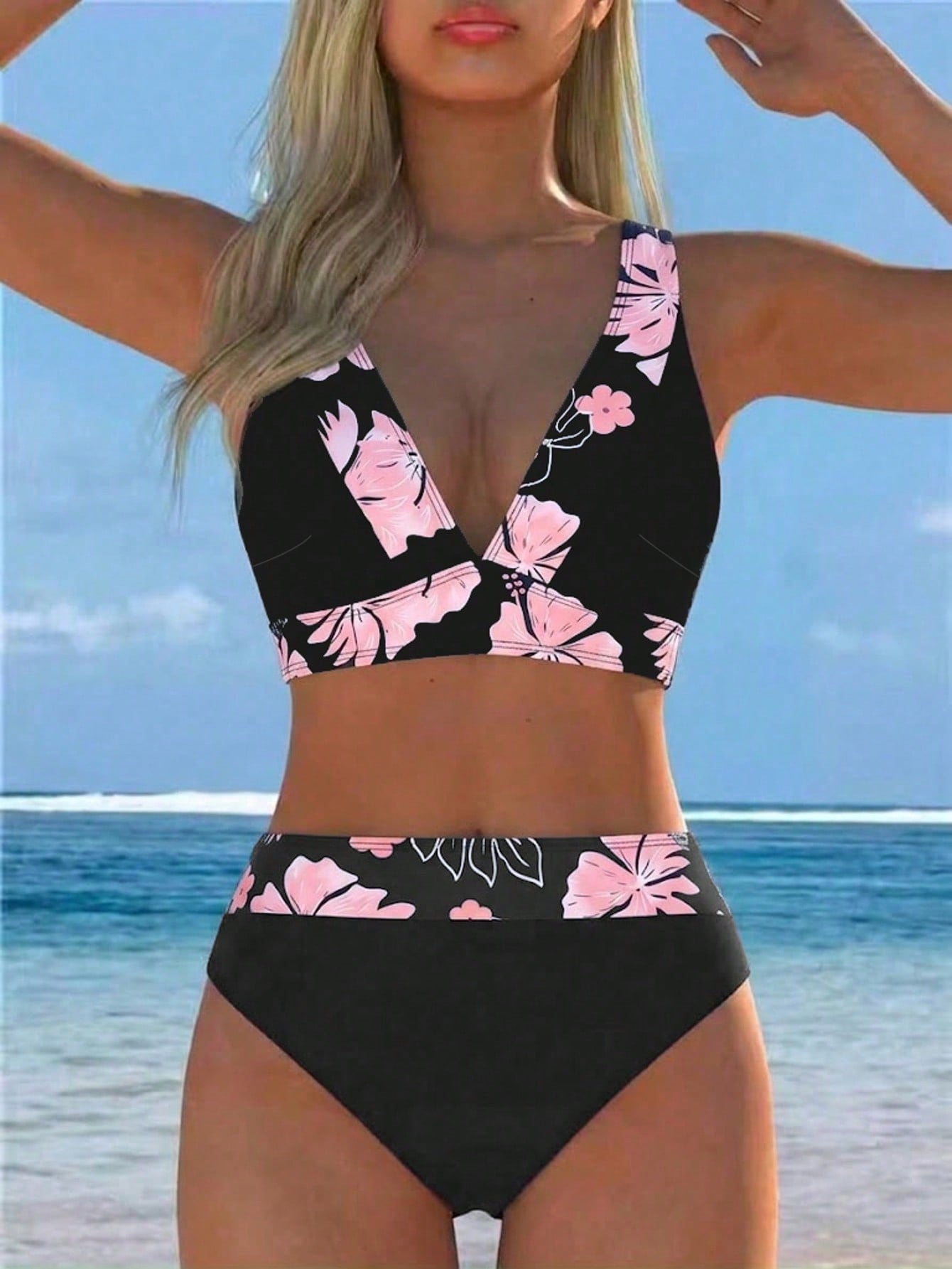2026 New Women's Floral Trim 2-Piece Bikini, Deep V-Neck Crop Top Paired With High-Waist Bottom, Elegant Resort Swimwear Vacation Beach Summer