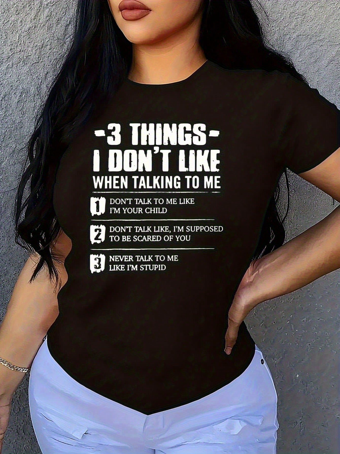 3 Things I Don't Like When Talking To Me 1 Pcs Women's Plus Size T-Shirt Funny Oversized Graphic Short Sleeve Tee Novelty 100% Polyester Shirt Casual Crew Neck Top 220g