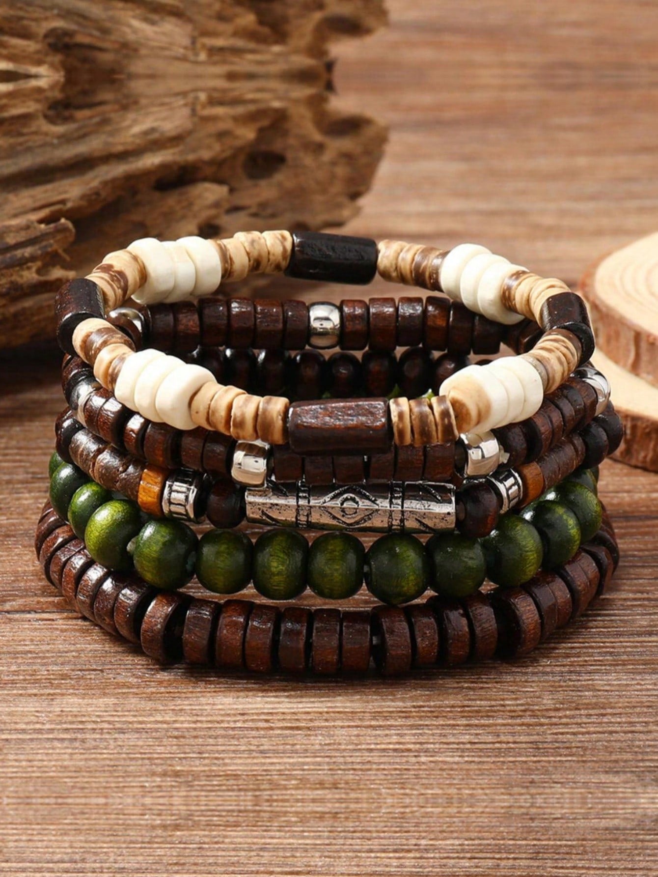 5pcs/Set Unisex Wooden Beaded Bracelets, Fashionable Jewelry Gift Set