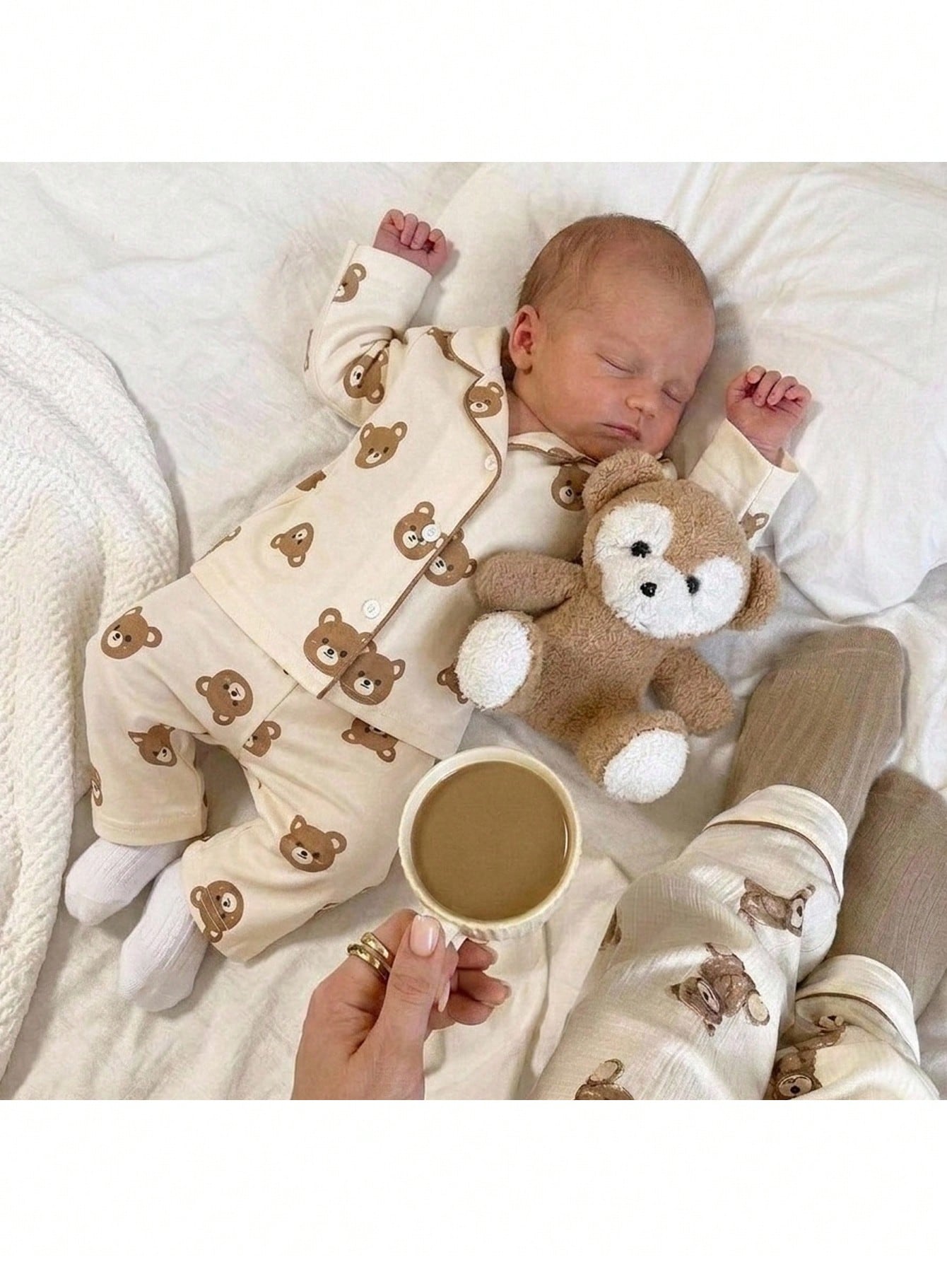 Adorably Cute Newborn Baby Boy Button Up Bear Print Long Sleeve Top And Pants Soft Sleepwear Comfortable Pajama Set Neutral