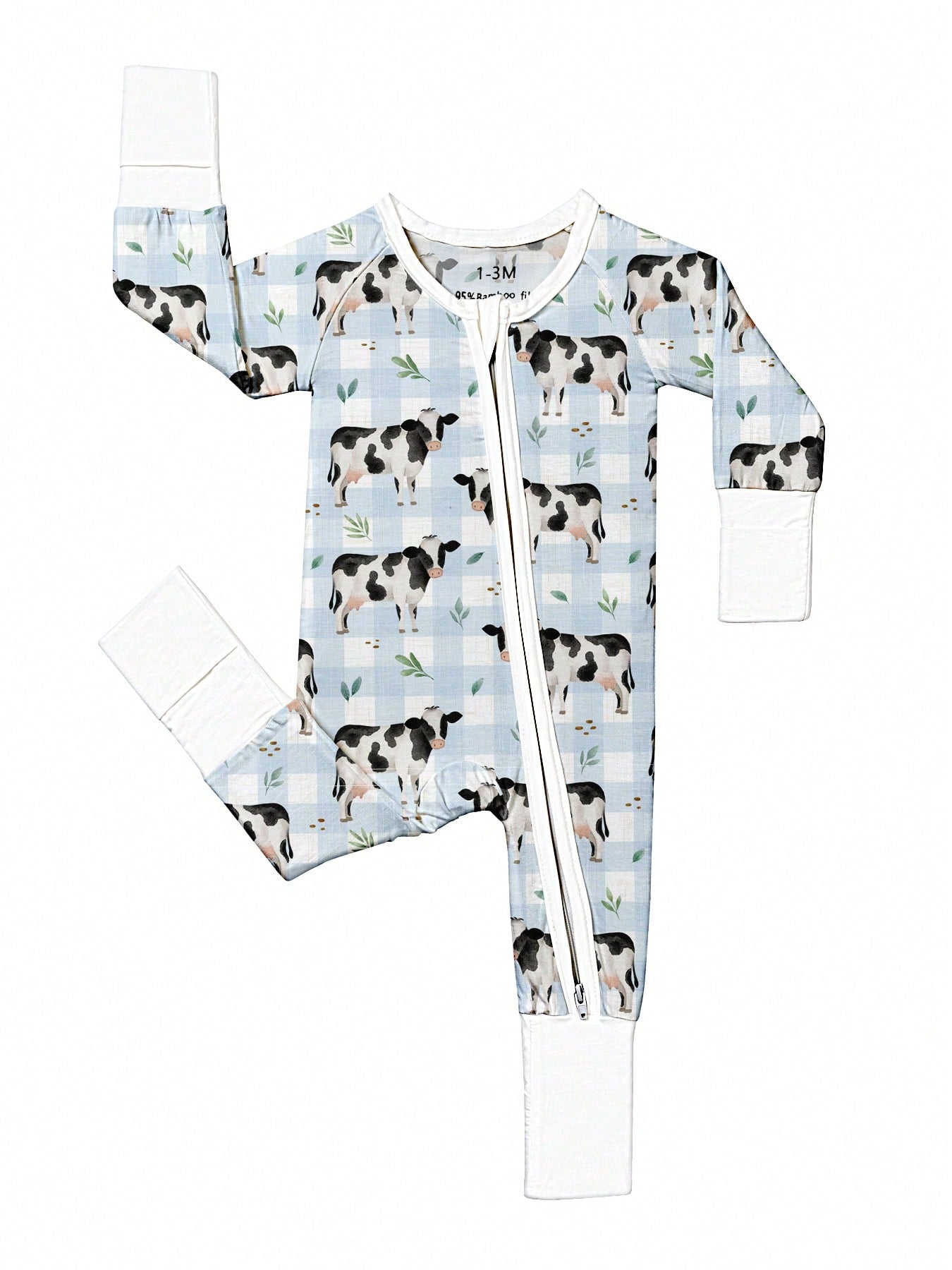 Baby Bamboo Fiber Zip-Up, Cow Print Romper, All-Season Knit Fabric Skinny Fit With Zipper Detail, Boy Baby Girl Clothes, Perfect For Outdoor