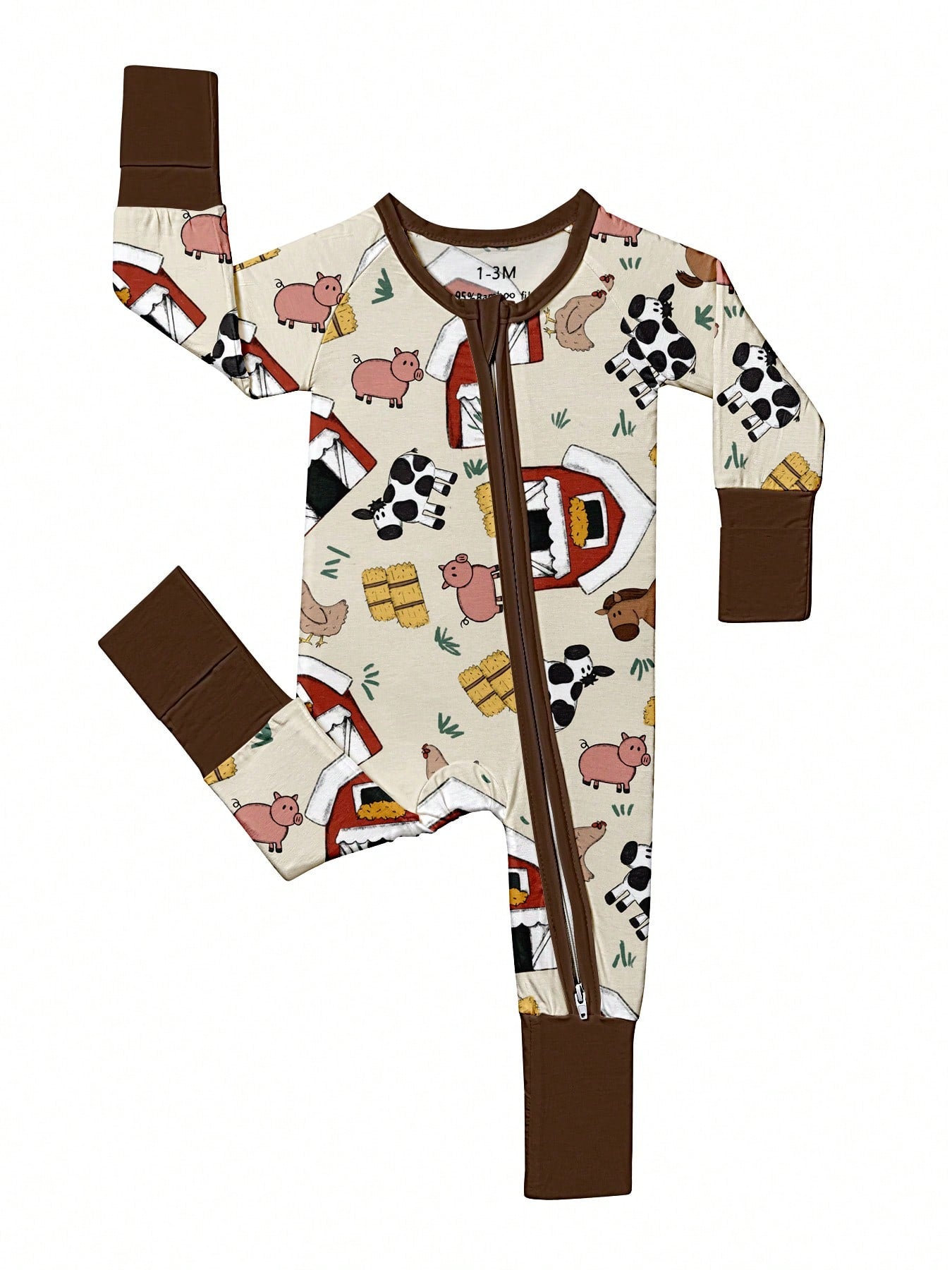 Baby Bamboo Fiber Zip-Up, Farm Animal Pig Cow Print Romper, All-Season Knit Fabric Skinny Fit With Zipper Detail, Boy Girl Baby Clothes, Perfect For Outdoor