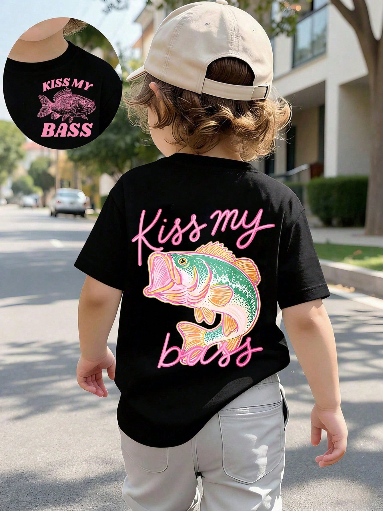 Baby Boy Short Sleeved Loose Round Neck T-Shirt With "Kiss My Bass" Funny Fishing Printed Pattern Suitable For Summer Wear