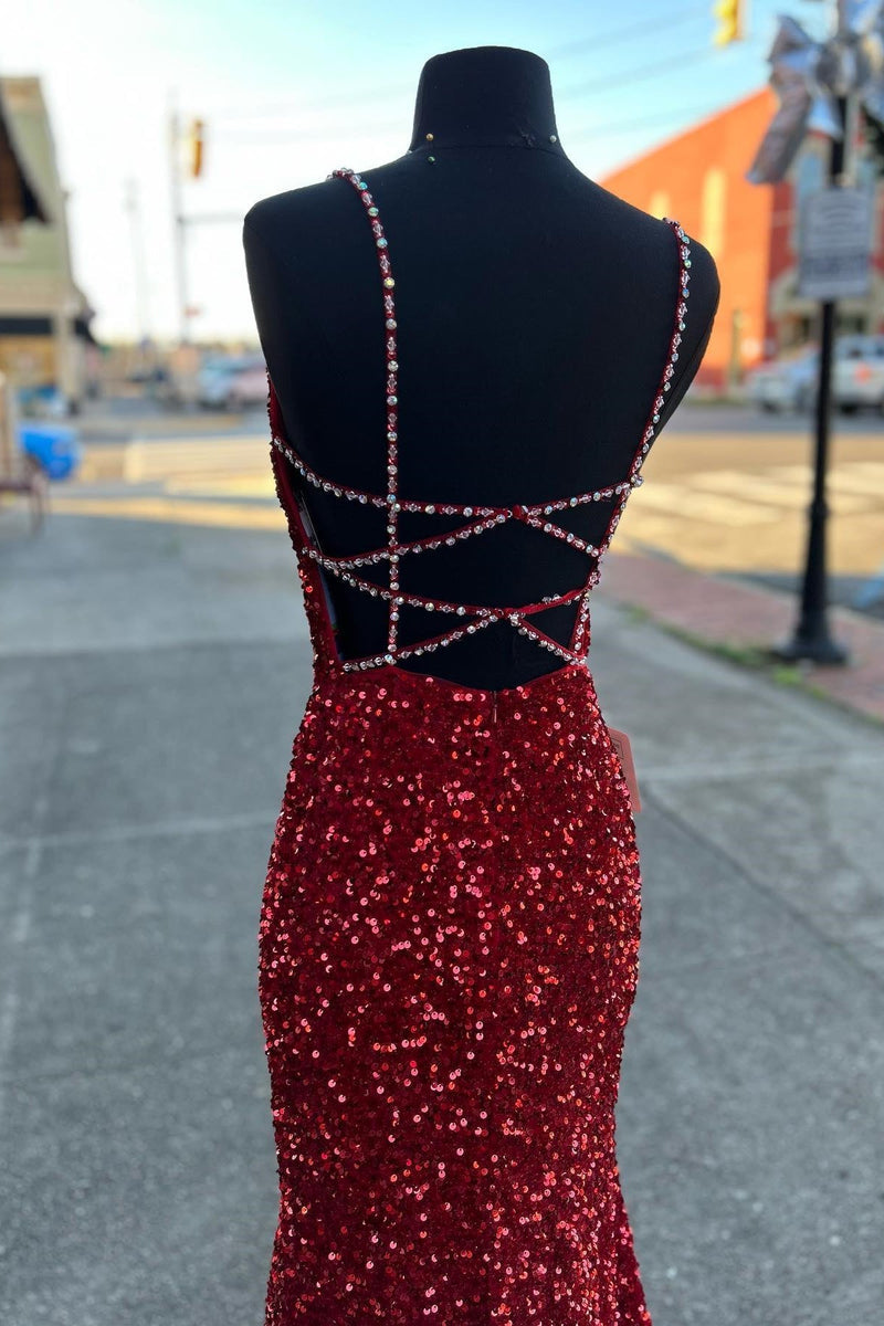 Beaded Straps Red Sequin Mermaid Formal Dress
