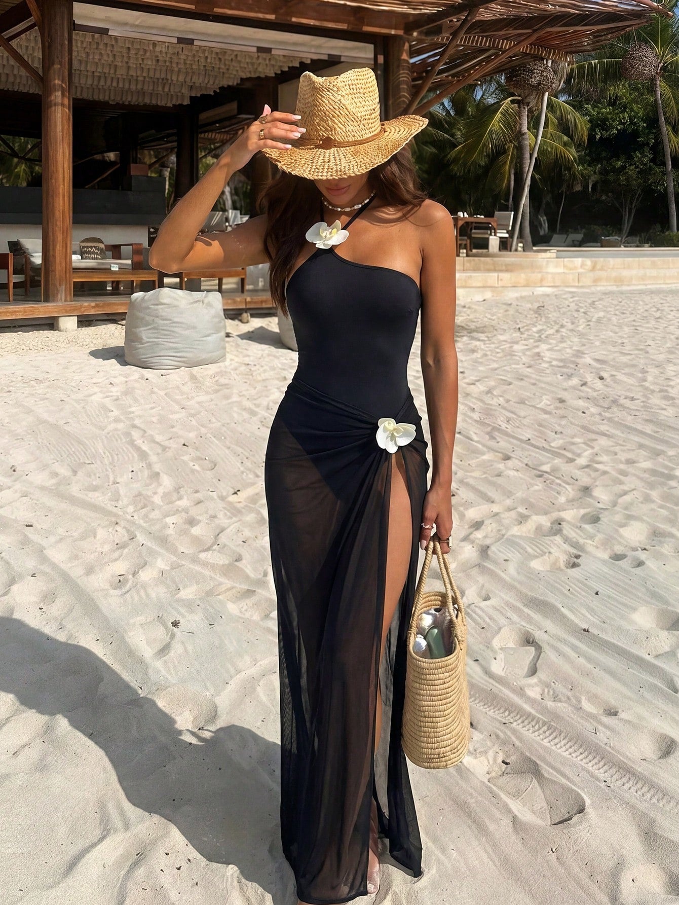 Black Elegant And Sexy 3D Floral Decor Halter Tie Women's Two Pieces One-Piece Swimsuit Dress Set,Summer Leisure Beach Vacation Party Fashion Swimwear