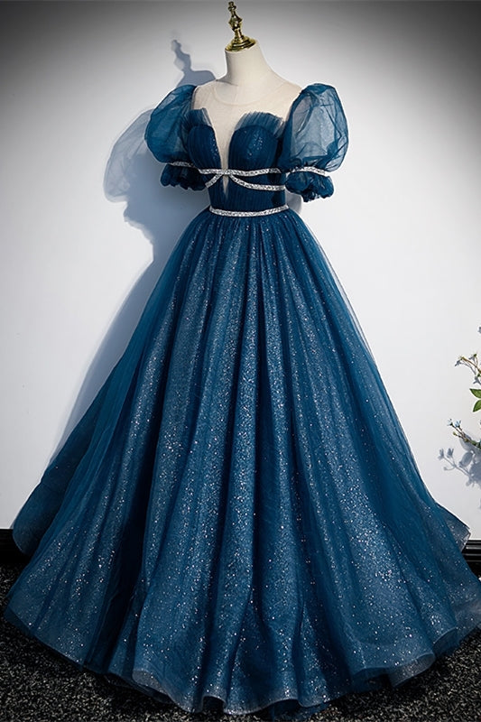 Blue A-line Tulle Long Formal Dress with Short Puffy Sleeves
