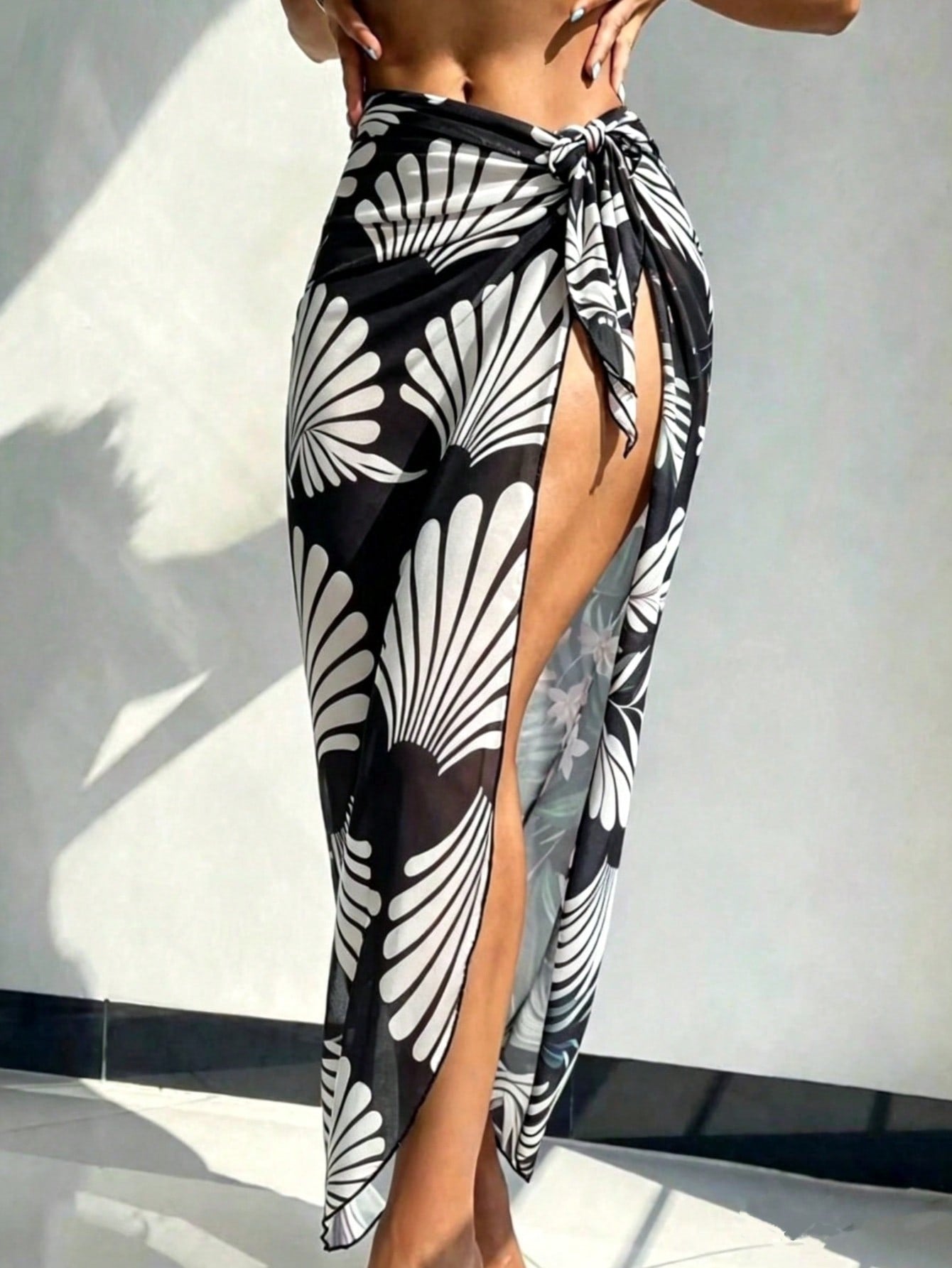 Breezaya Women's Tropical Plant Print Tie-Up Slit Cover-Up Maxi Skirt