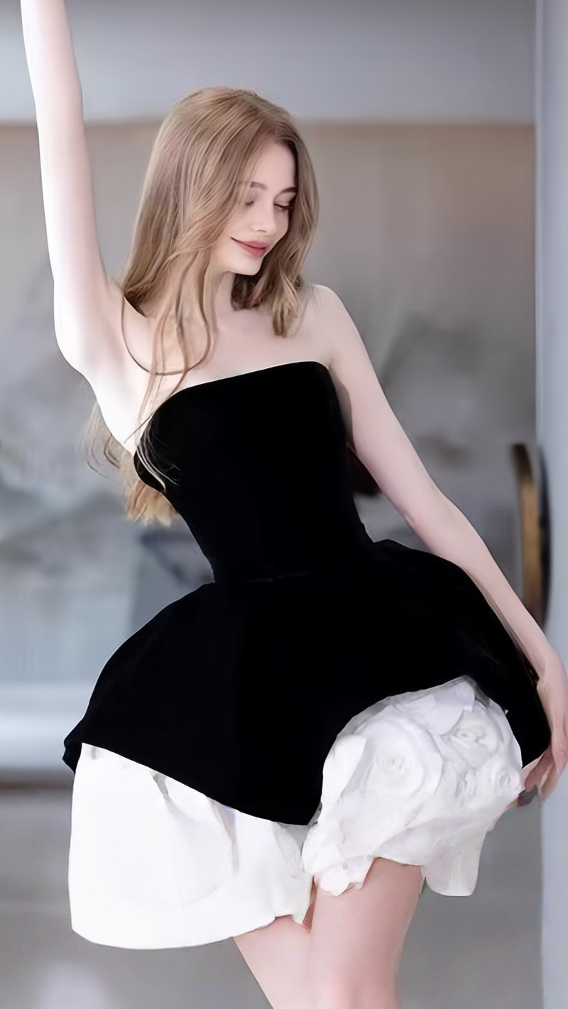 Classy Black Strapless Rose Flowers Homecoming Dresses A-line Party Dress, AST1988