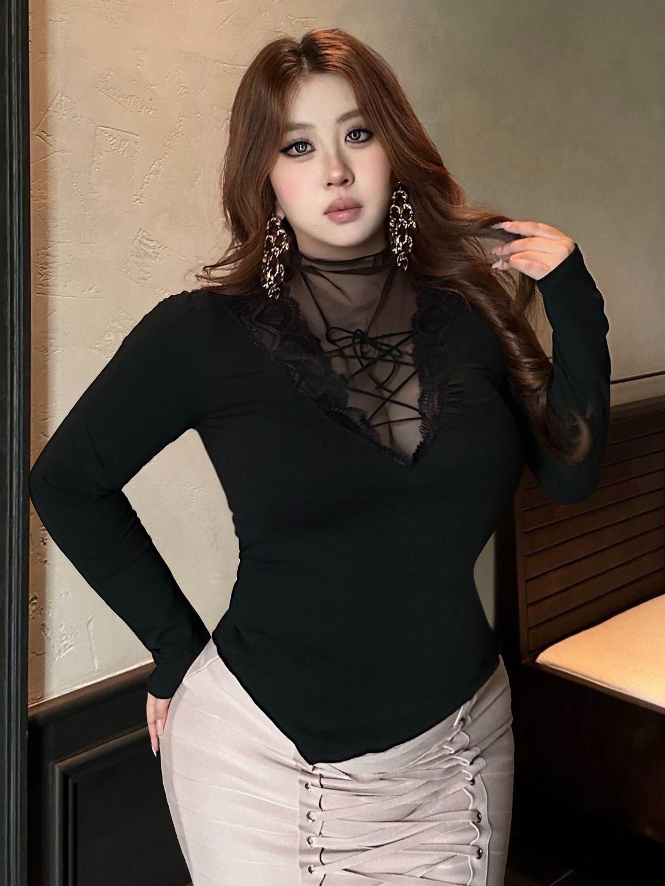 Dazy Plus Black Lace Slim Fit Elegant Long Sleeve T-Shirt For Wedding, Banquet, Party, Ball