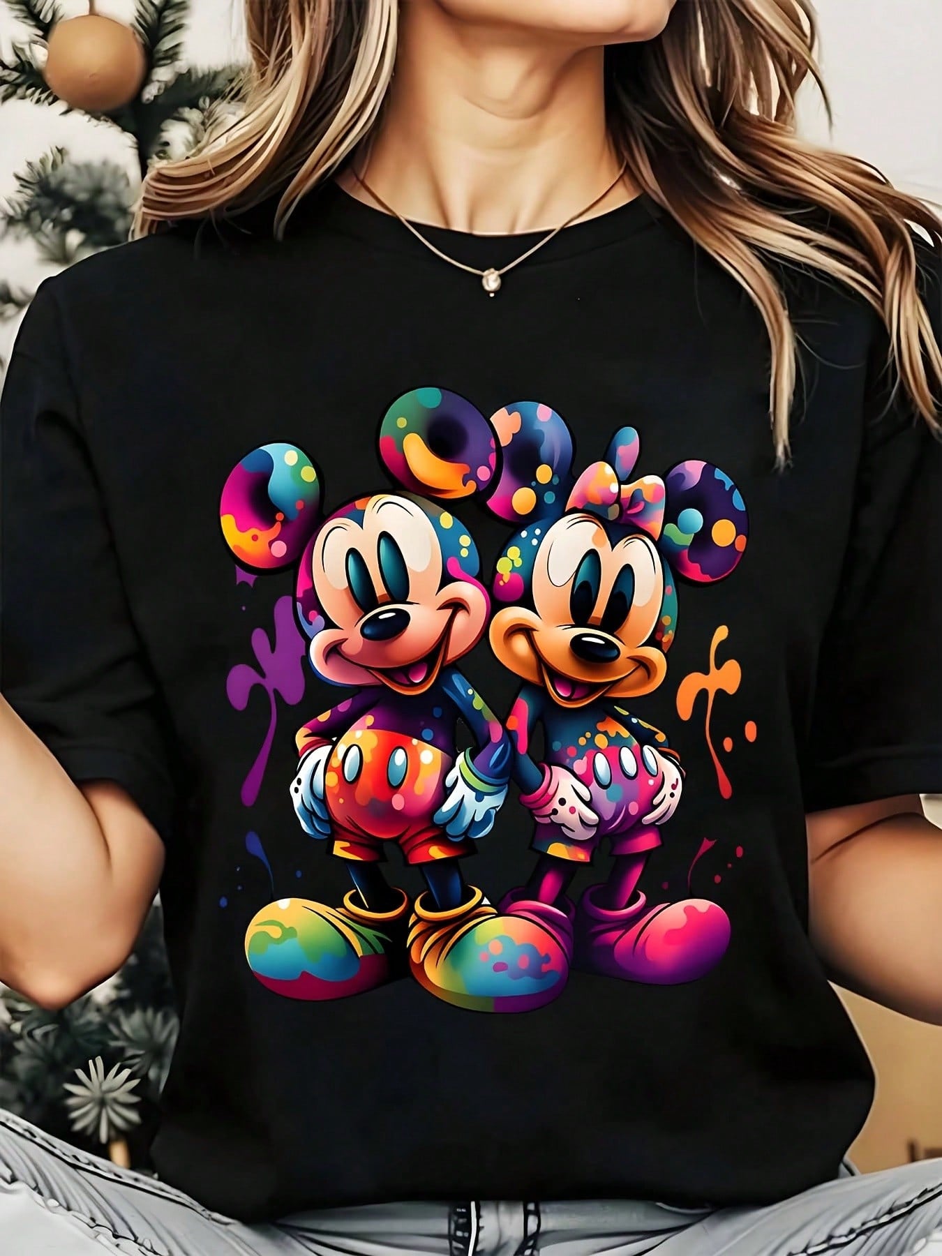 Disney Mickey And Minnie Mouse Colorful Art Women's Round Neck Shirt Summer Tops Comfortable O-Neck T Shirt Fashion Casual Women Clothes