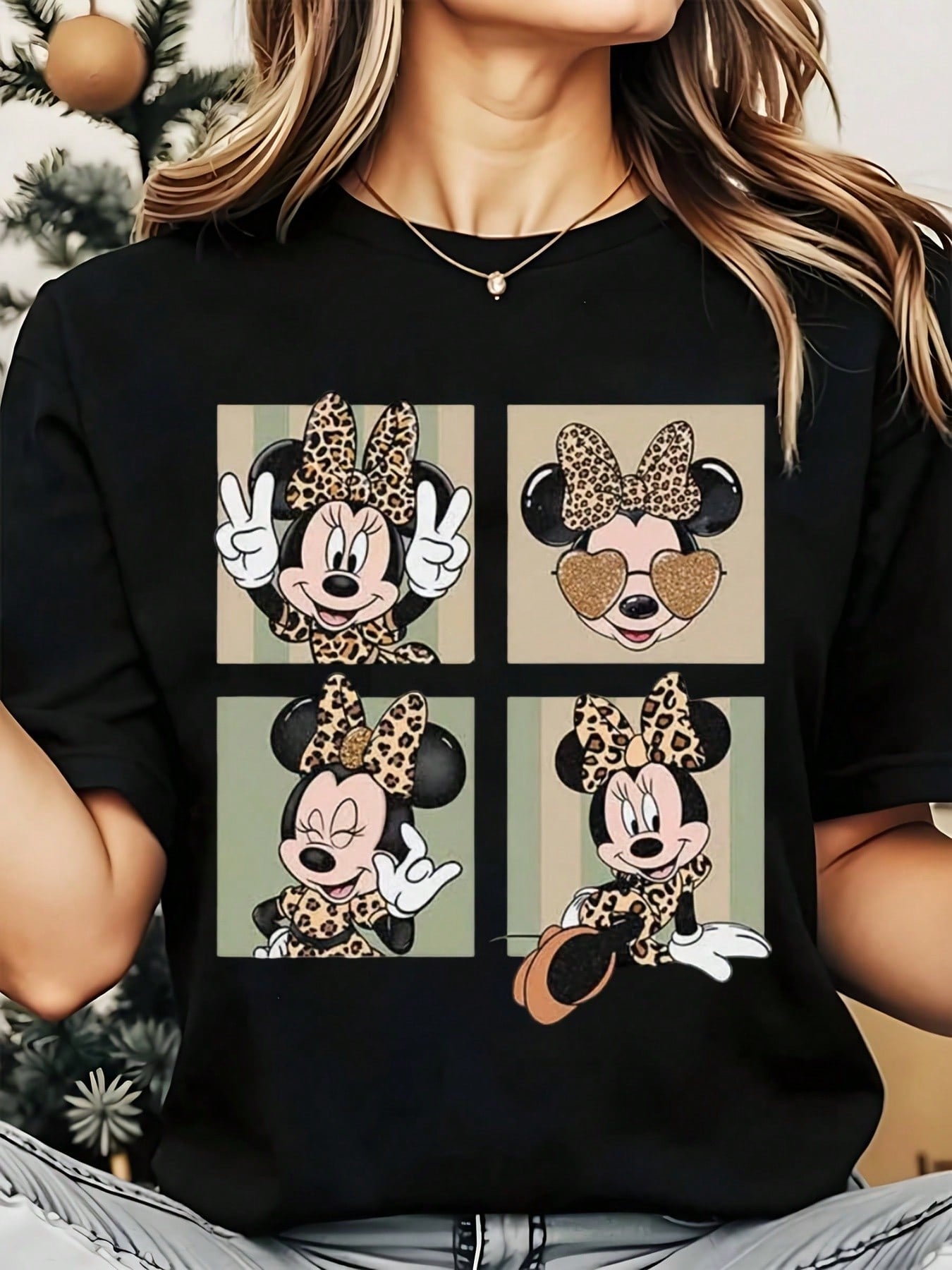 Disney Minnie Mouse Leopard Print Cartoon Character Women's Round Neck Shirt, Summer Tops Comfortable O-Neck T Shirt Fashion Casual Women Clothes