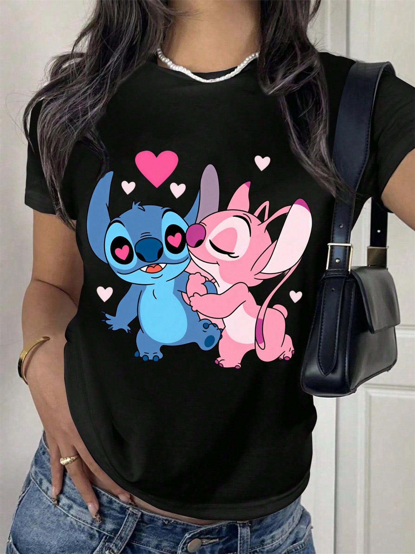 Disney Women T Shirt Black Stitch And Angel Love Heart Print Casual Summer Top