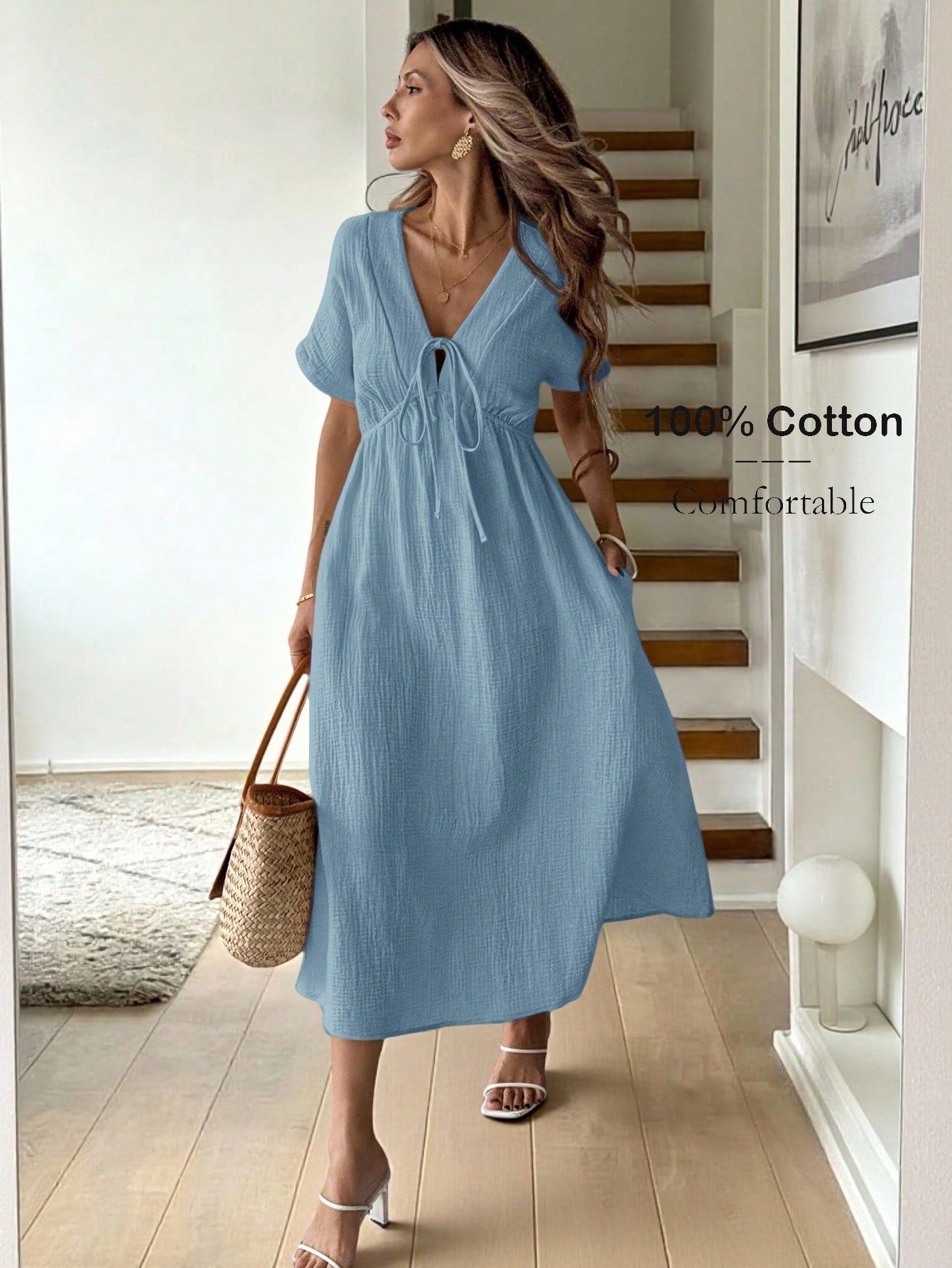 Easowa Apricot Bowknot Casual Midi Dress For Women Baby Blue Dress,Sun Dresses For Women Work Summer Dresses,Shirt Dresses For Women