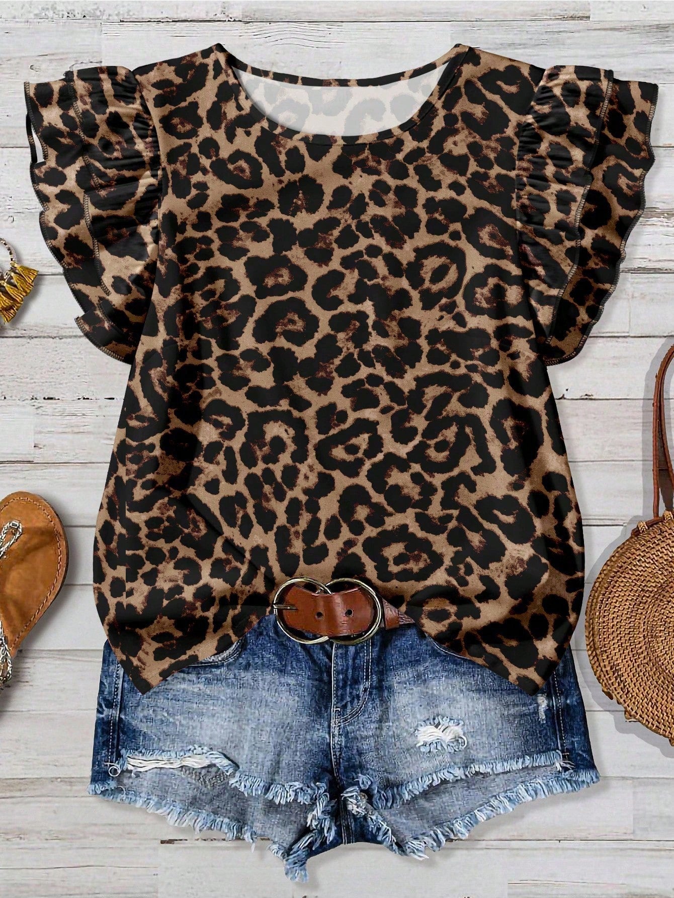 EMERY ROSE Plus Size Country Music Festival Leopard Texture Print Shirt, Autumn Chic Blouses For Women,Summer/Spring