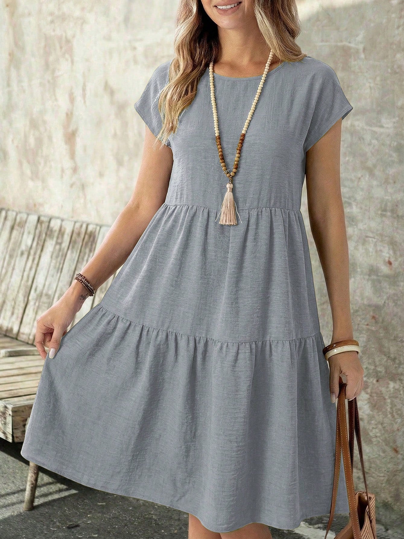 EMERY ROSE Spring/Summer Casual Everyday Outing Faux Linen Green Short Sleeve Round Neck Mid-Length Dress For Women