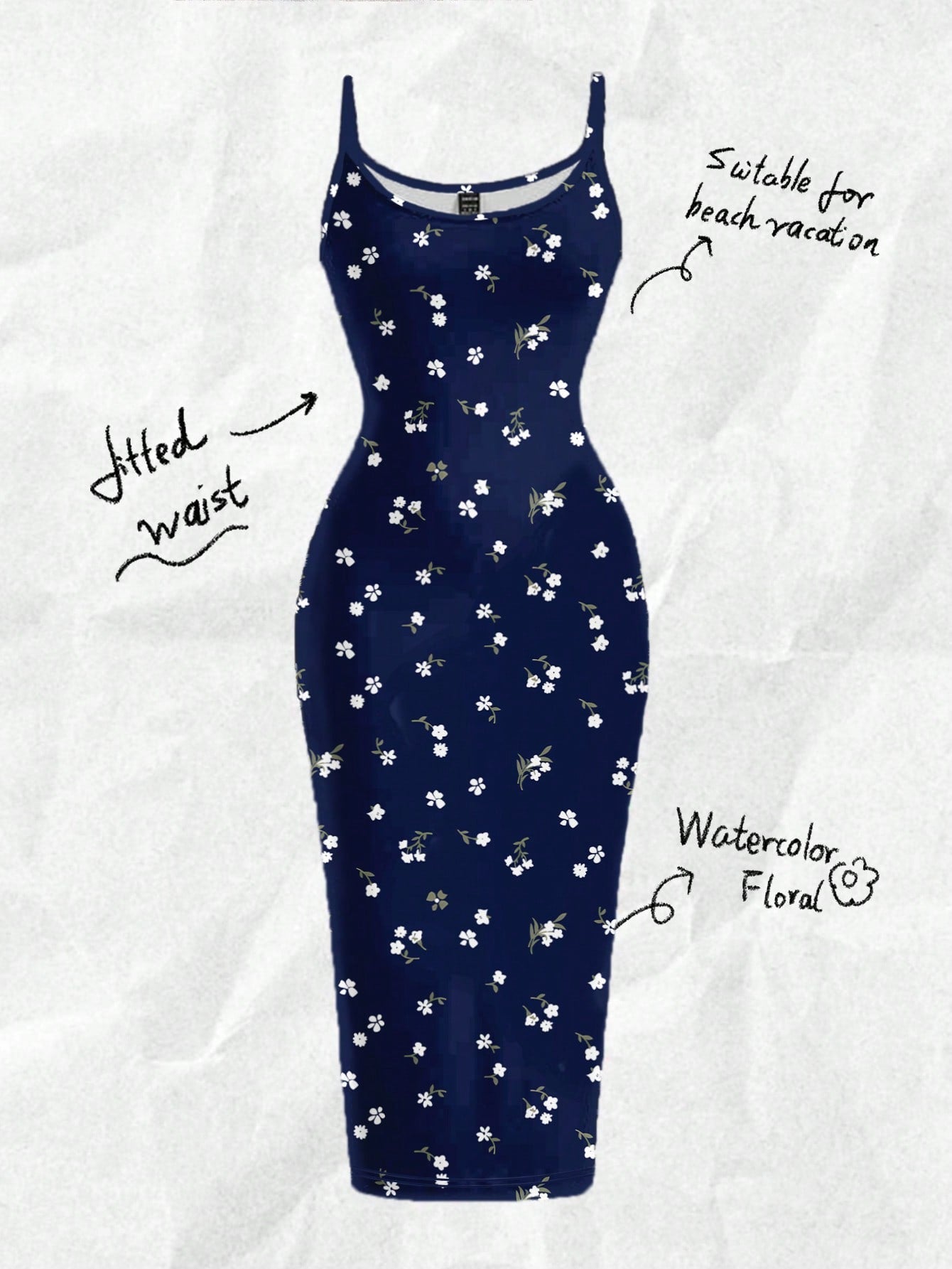 EZwear Casual Minimalist Vacation Style Blue Allover Tiny Ditsy Floral Bodycon Cami Maxi Dress, Suitable For Summer, Vacation, Beach,Summer Dresses For Women