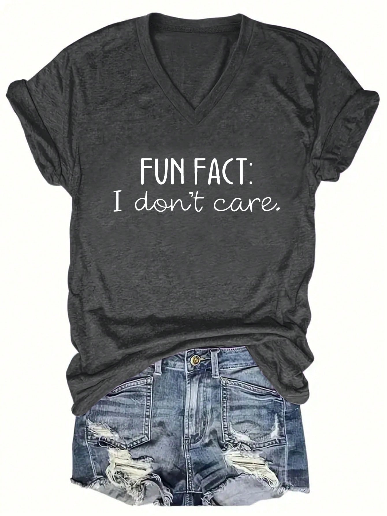 EZwear CURVE Women's Plus Size Summer V-Neck Short Sleeve Casual T-Shirt With Slogan Print FUN FACT I Don't Care Graphic Tees Women Tops