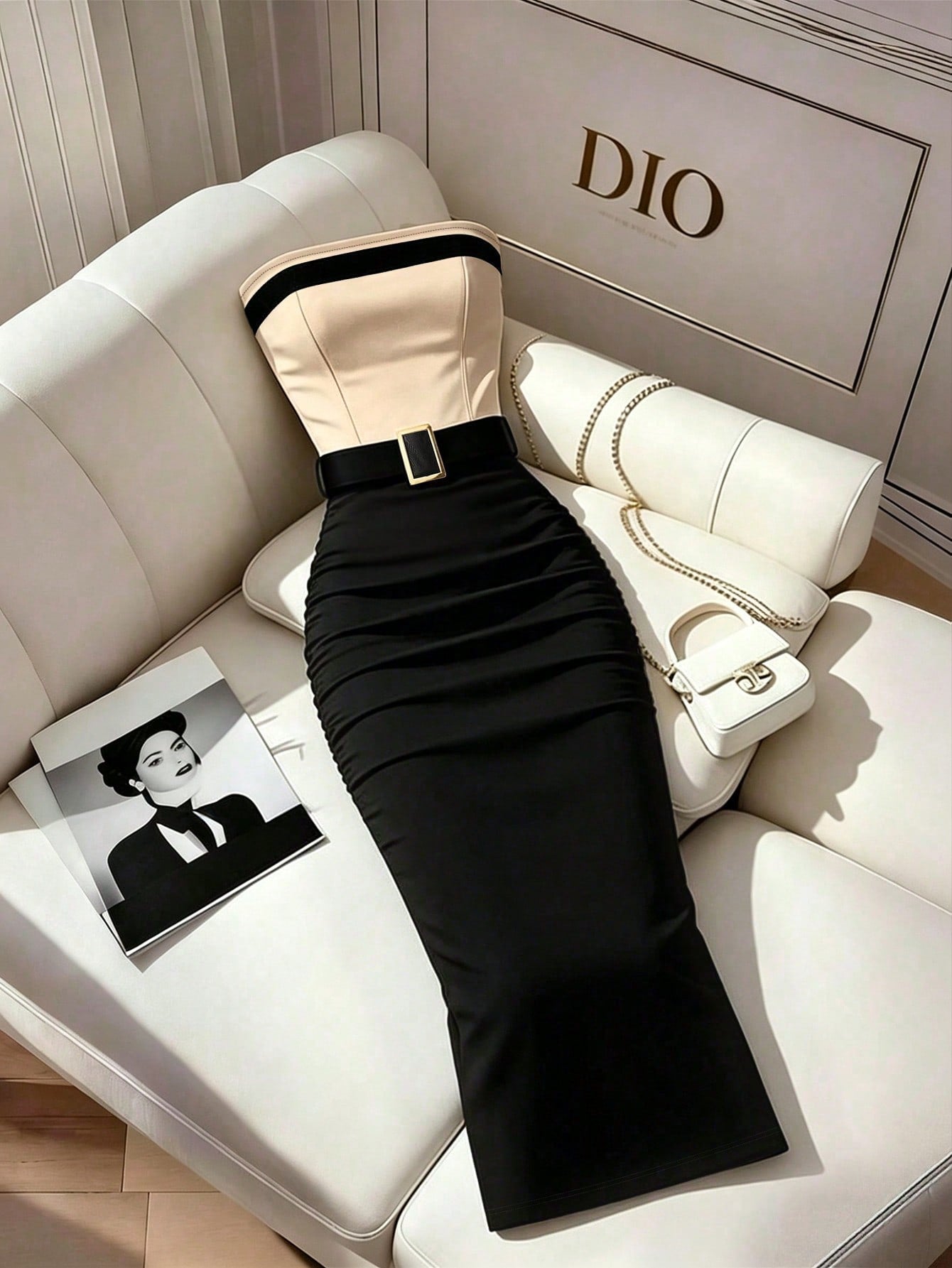 Franclia Women's Black And White Color Block Strapless Slim Fit Flattering Dress, Elegant Bandage, Casual, Commute Dinner Date Party, Wedding, Summer