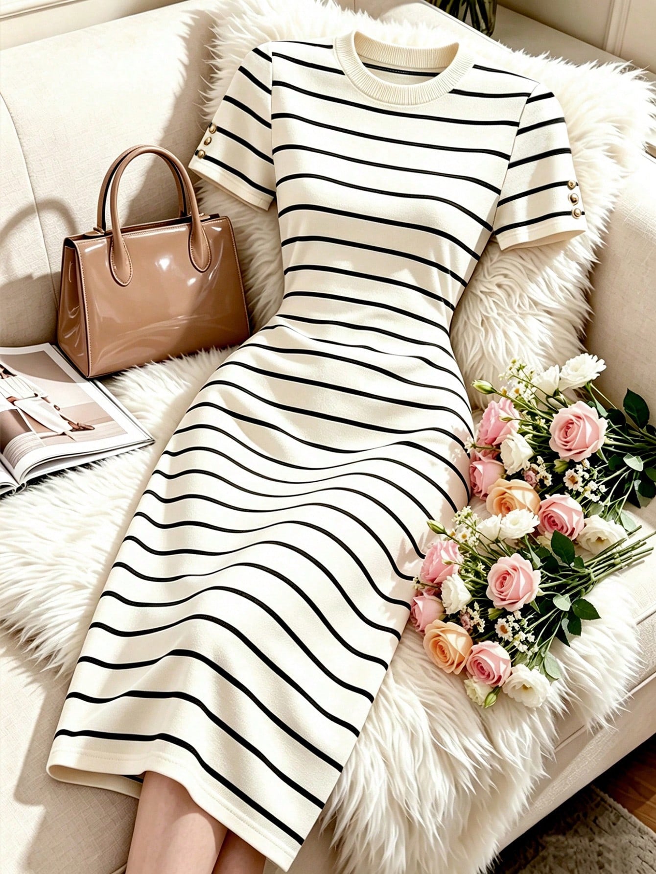 Franclia Women's New Black & White Striped Round Neck Short Sleeve Bodycon Midi Knit Dress