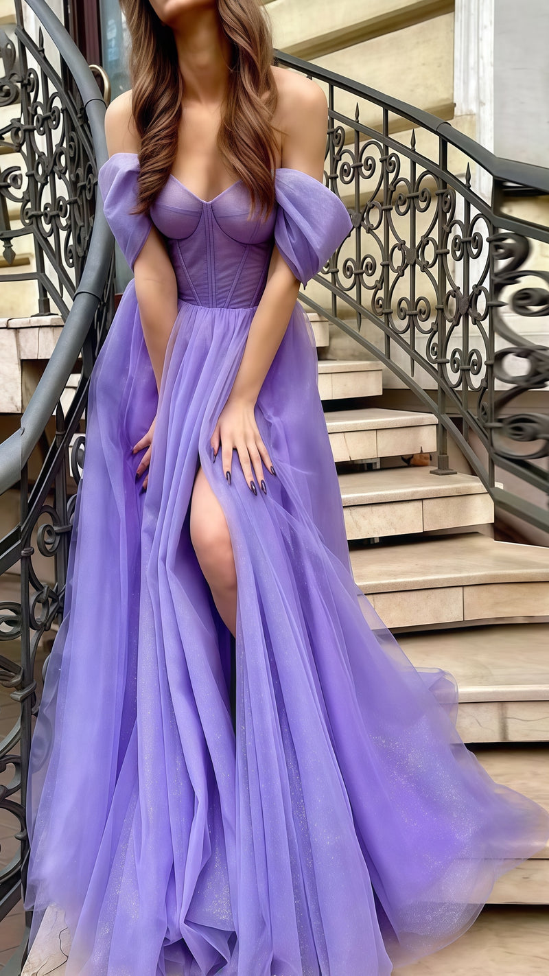 Glitter Purple A-Line Sequin Tulle Prom Dress, Off The Shoulder Celebrity Dress,AST1771