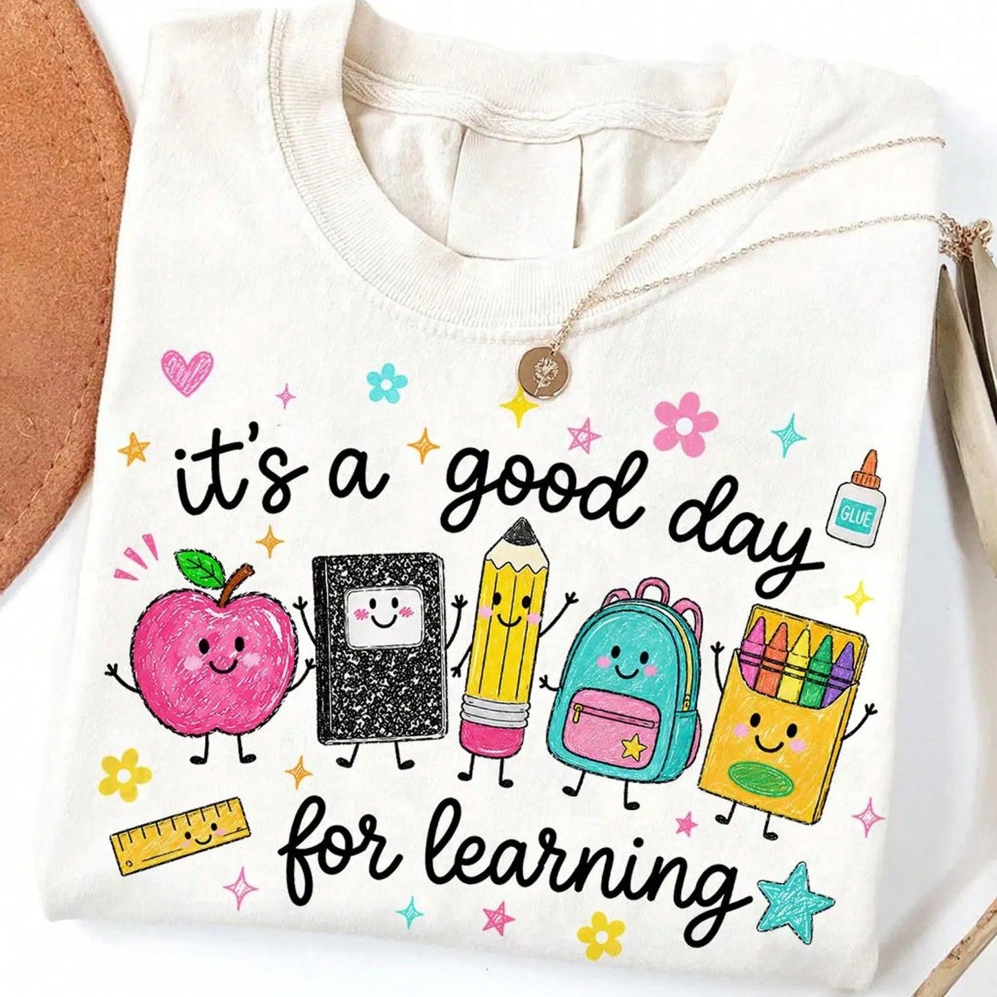 Good Day For Learning Graphic Tee Preppy Style Short Sleeve T-Shirt Cute School Supplies Print Casual Daily Wear Breathable Soft Cotton Top