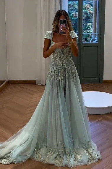 Gorgeous A Line Sweetheart Light Green Long Prom Dress with Appliques