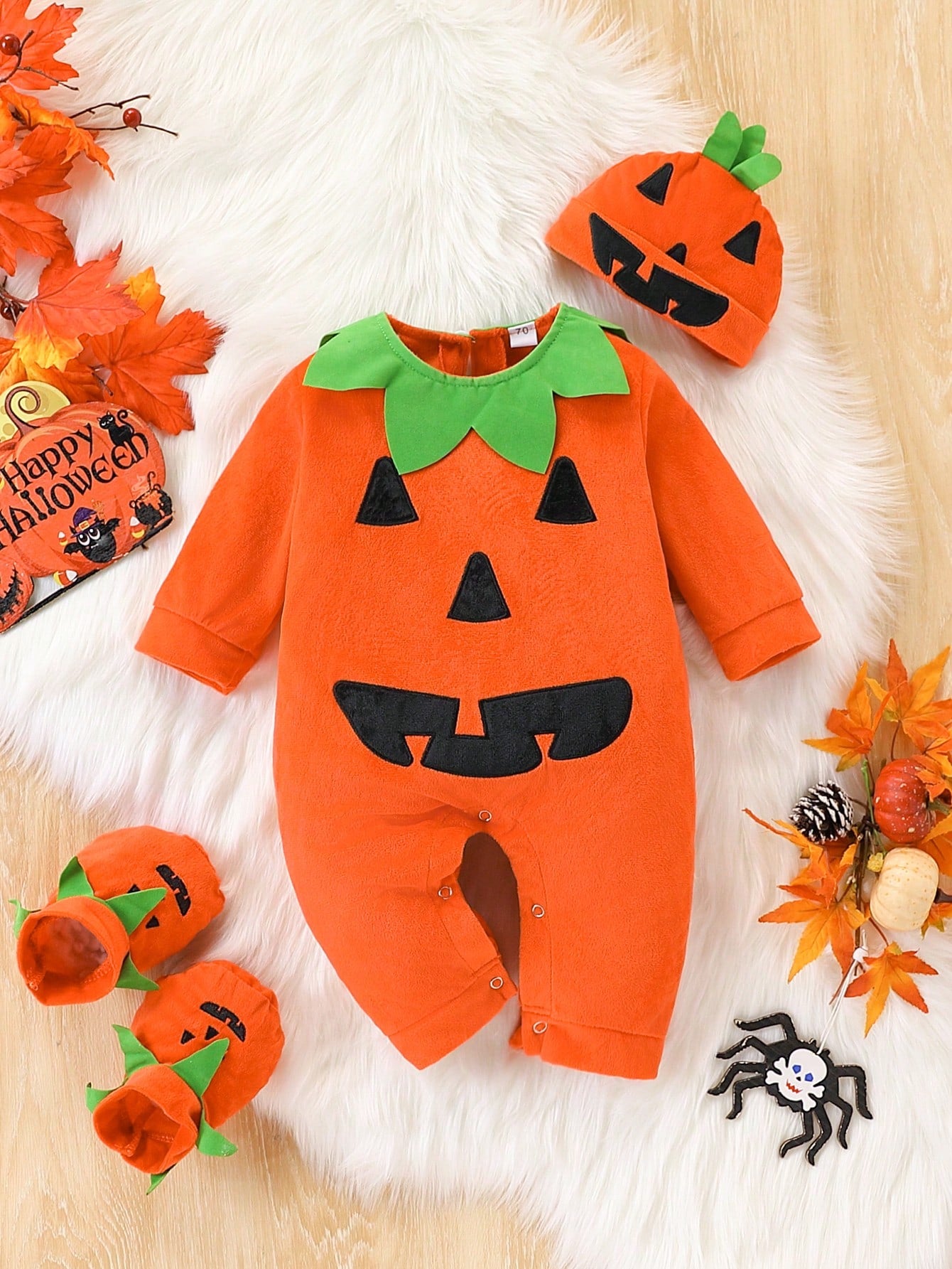 Halloween Baby Boy Pumpkin Outfit- Cute Graphic Jumpsuit + Hat + Shoe Covers Set