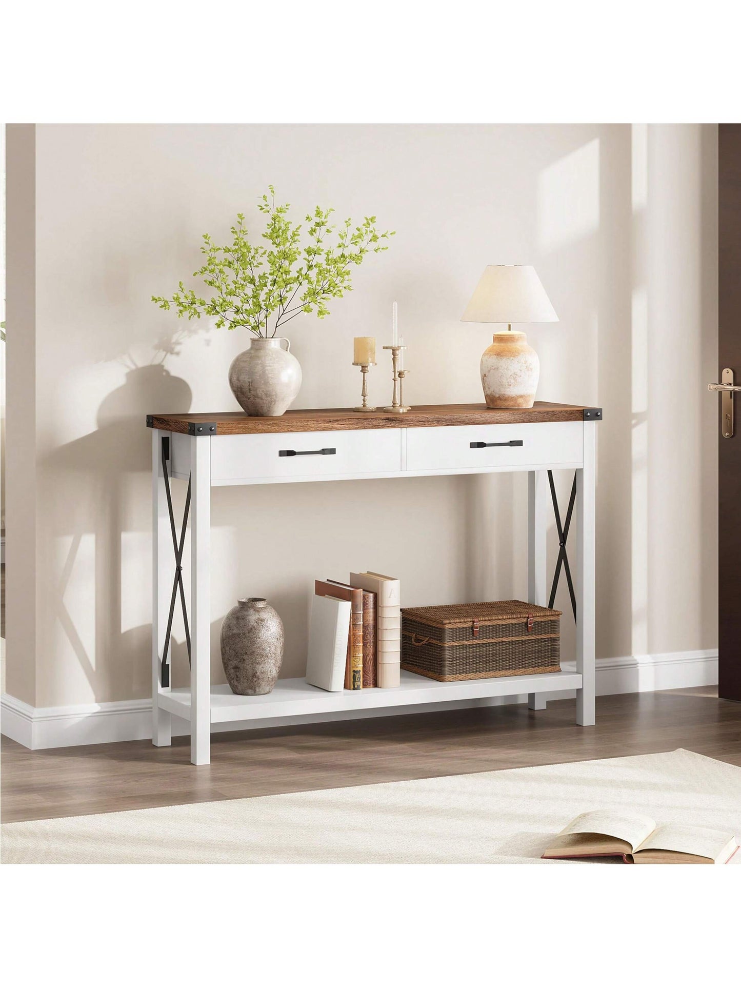 KYBOLT Woode Entryway Table, Farmhouse Console Table With 2 Drawers, Sofa Table With Storage For Living Room, Hallway Foyer Table Home Furniture