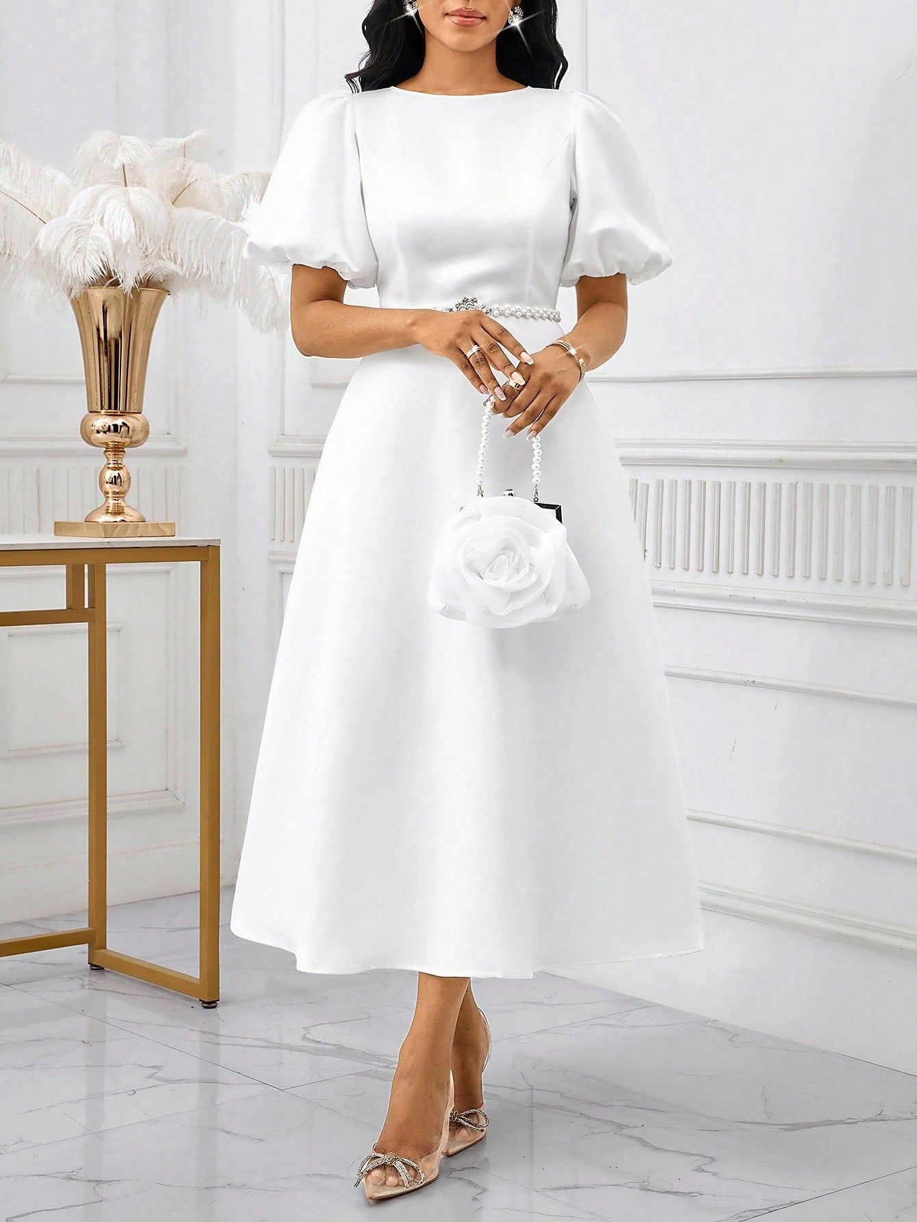 Lady Women's Elegant Mature White Summer Puff Sleeve A Line Dress, Solid Color Bishop Sleeve Dining Dinner Date Party Wedding Cocktail Graduation Greek