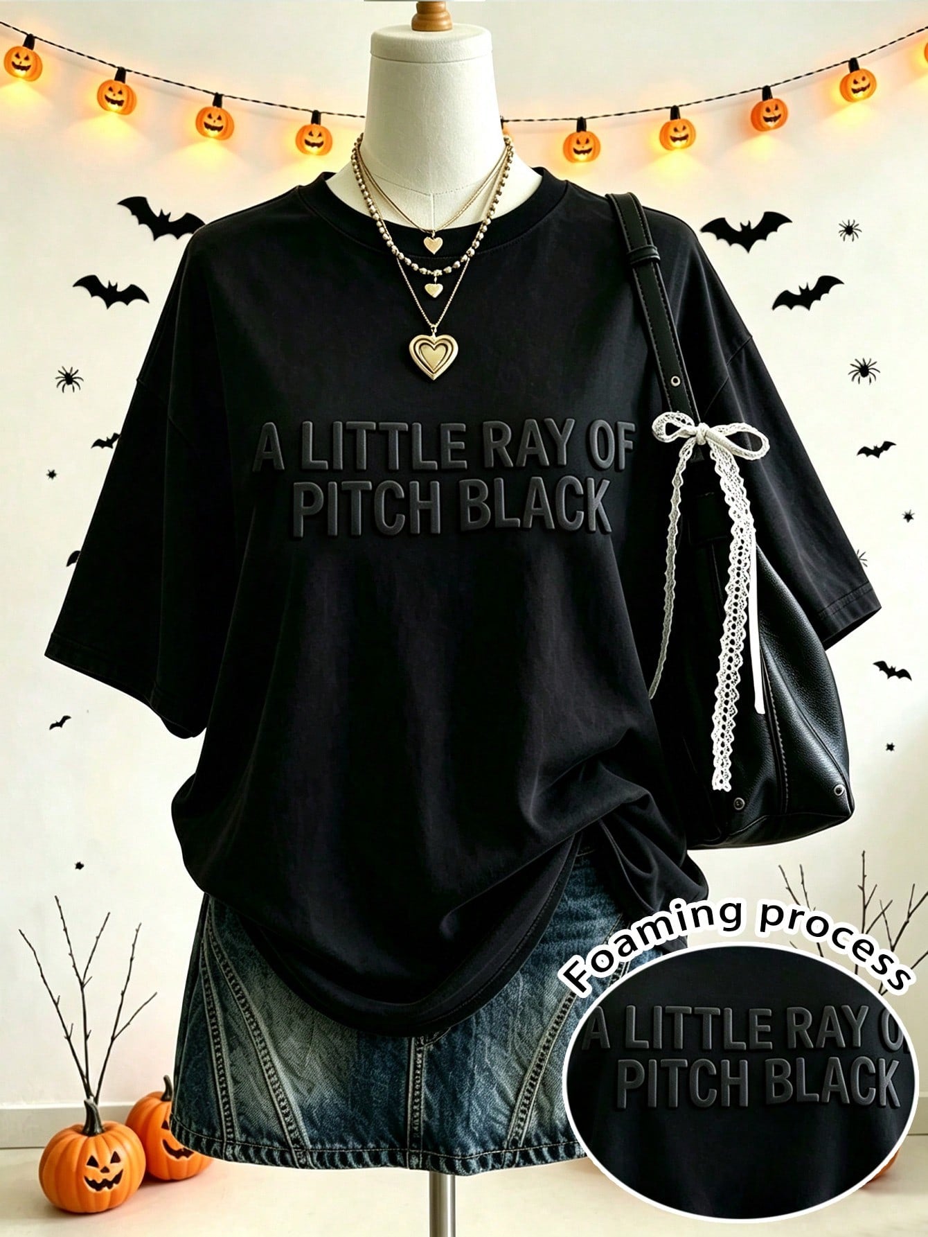Lalippa Halloween Theme Black Foam Print T-Shirt Gothic Dark Style Slogan Foam Graphic Short Sleeve T-Shirt