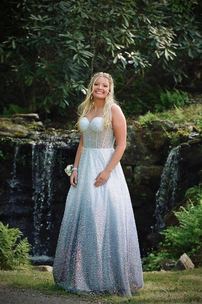 Light Blue Corset A-line Long Prom Dress
