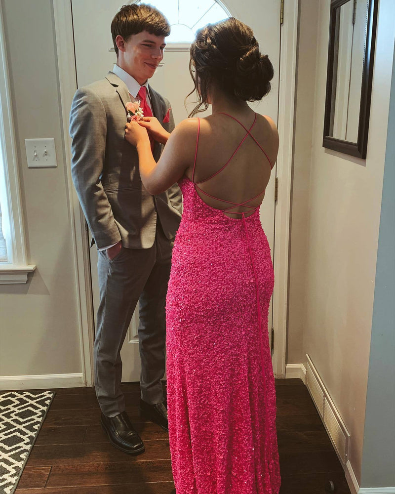 Light Blue Sequins Mermaid Side Slit Long Prom Dress