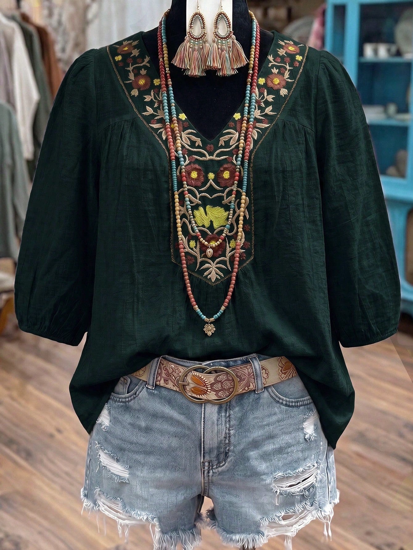 Linhara Women's Embroidered Casual Vacation Versatile Loose Fit Five-Sleeve Blouse Fall