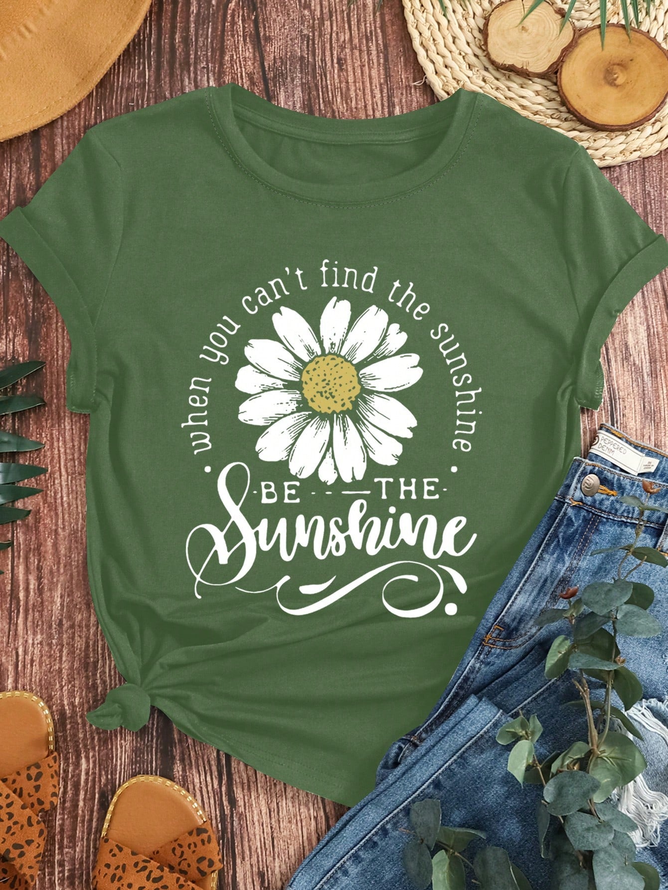 LUNE Plus Size Chrysanthemum Print And English Letter Print Summer Women's Crew Neck T-Shirt Graphic Tees Women Tops