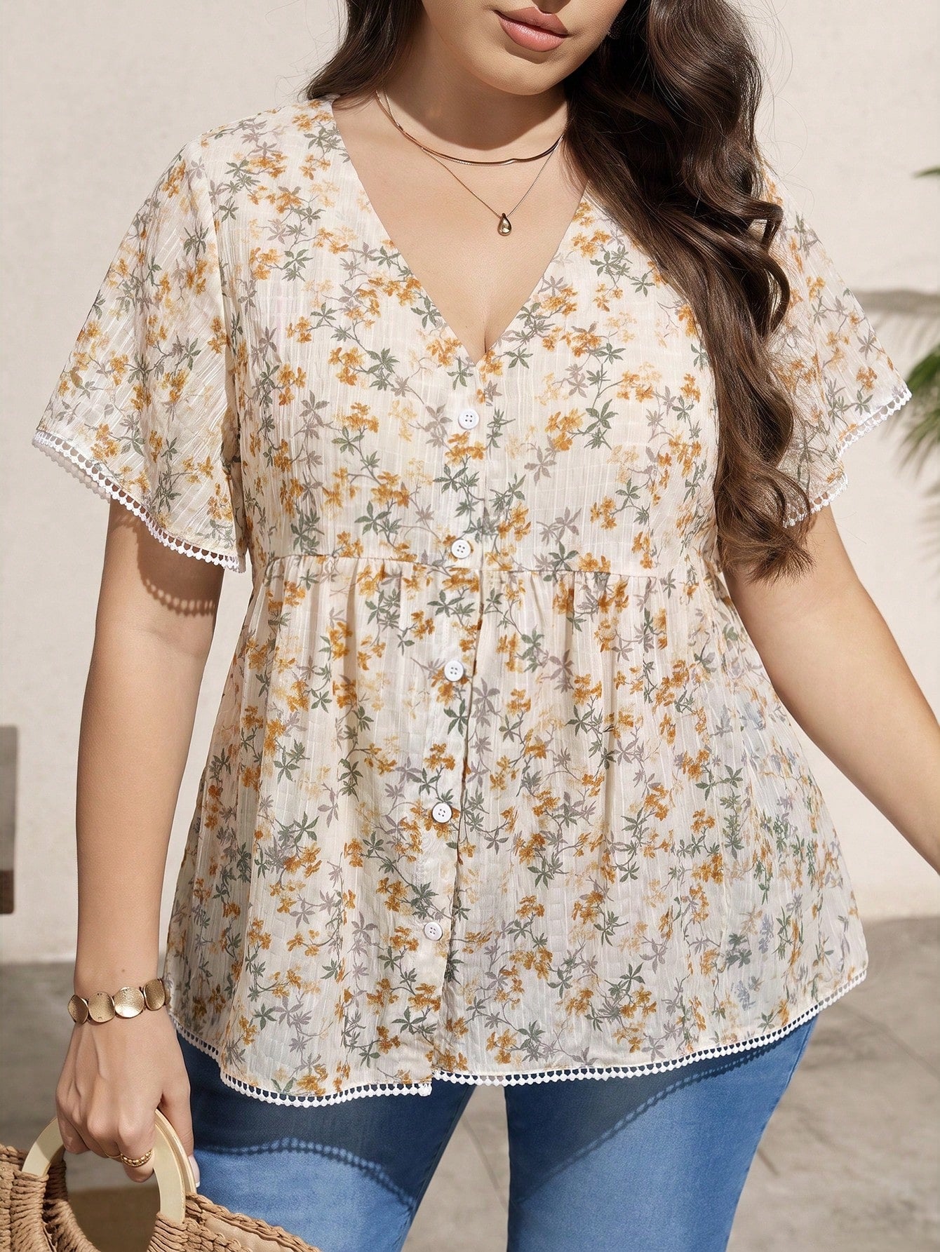 LUNE Plus Size Summer Casual Gothic Traditional Whimsical Floral Print Shirt Airport Bussines Vacation Beige