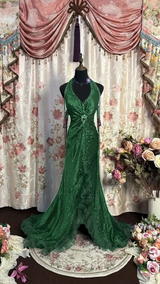 Luxury Halter V-neck Prom Dresses Beaded Sleeveless Evening Party Dress,AST2324