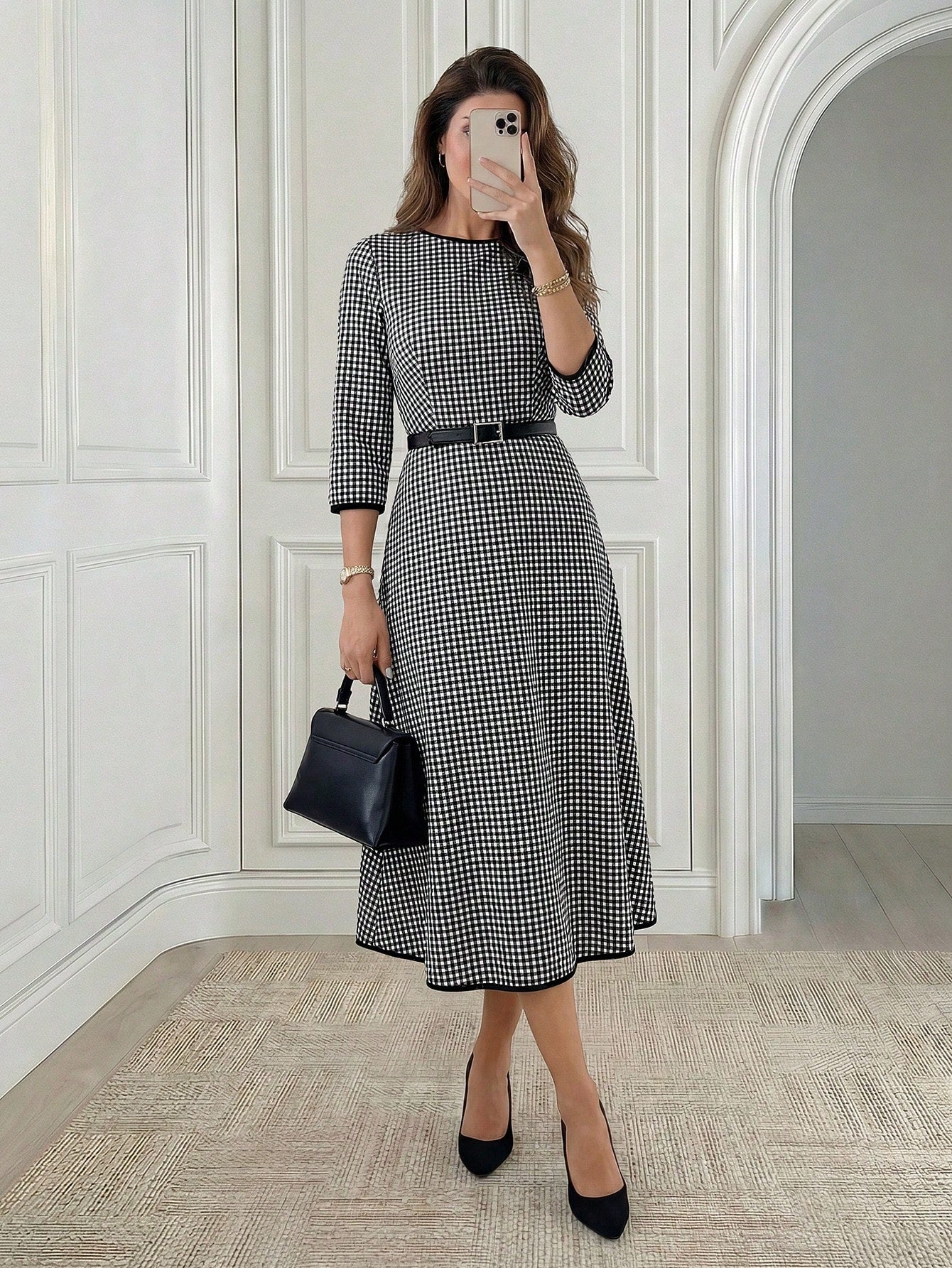 Medorina Women's Elegant Plaid Mid-Length Dress For Commuting,Fall Dresses For Women