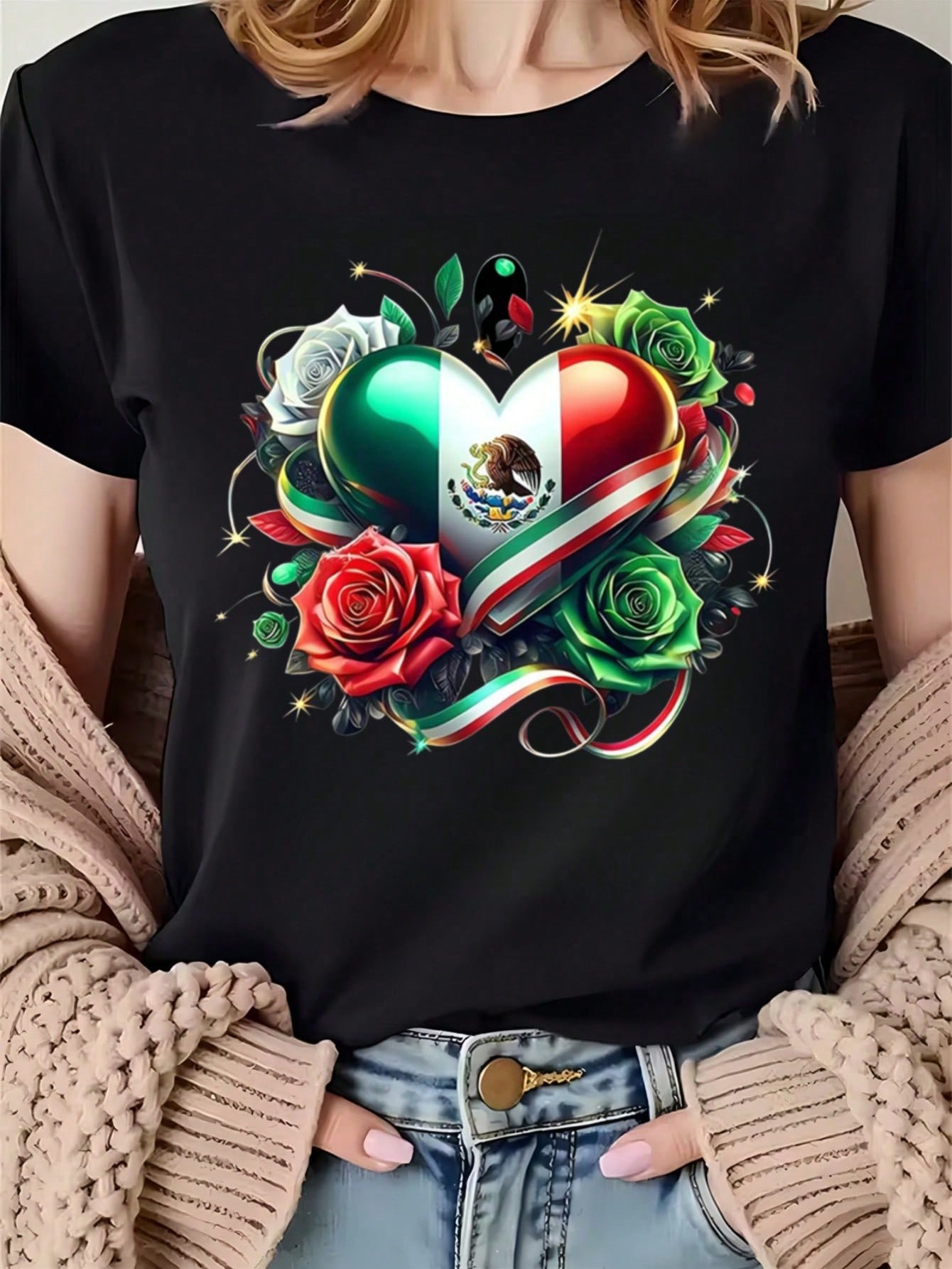 Mexico Heart Design Flower Women Shirt Black Cotton Casual Top Fashion Graphic Tee Women Patriotic Mexico Heart Women-Shir