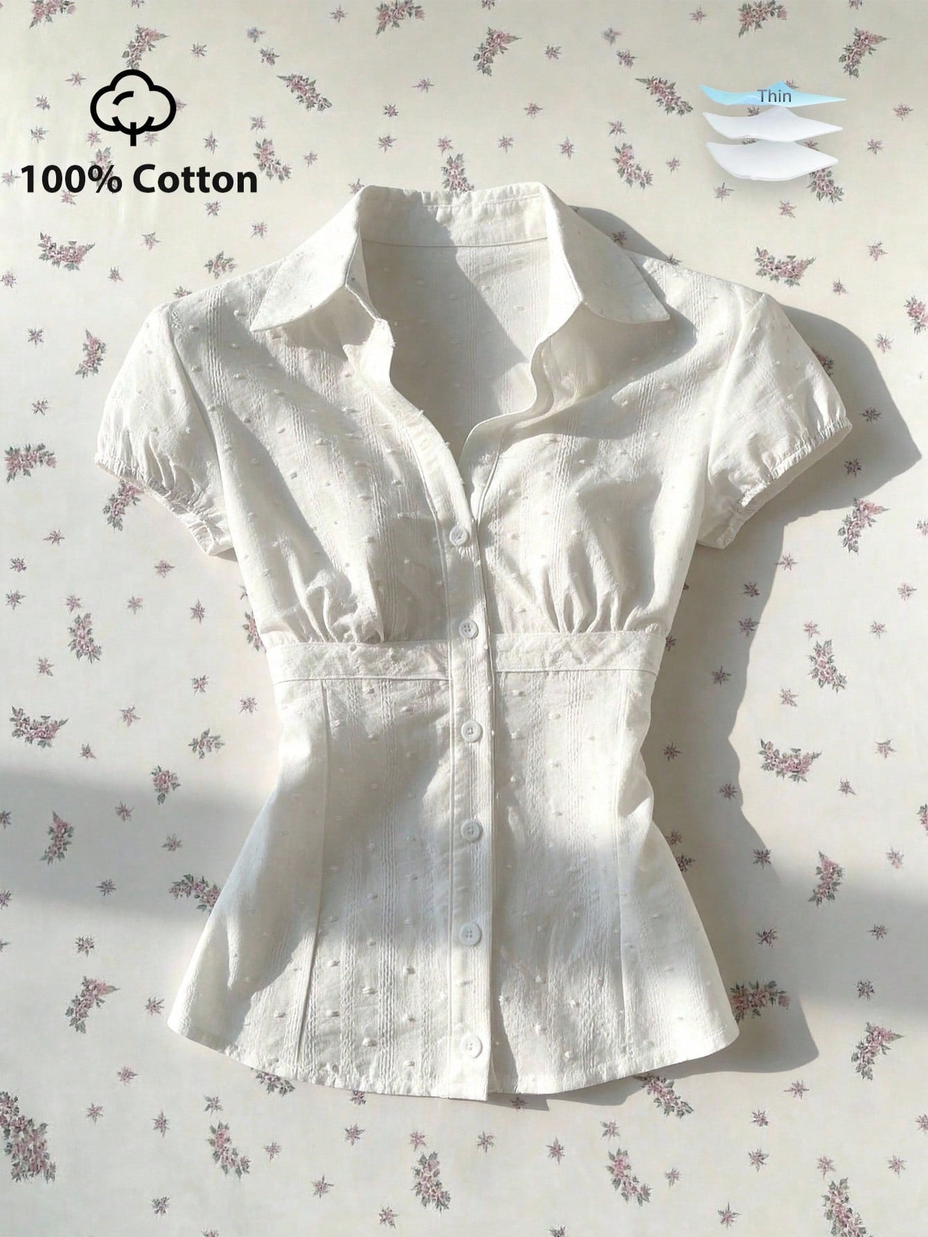 Mori Grove Mori Grove Elegant Women's White Woven Fabric Short Sleeve Shirt Casual Plain With Ruched Bust Detail