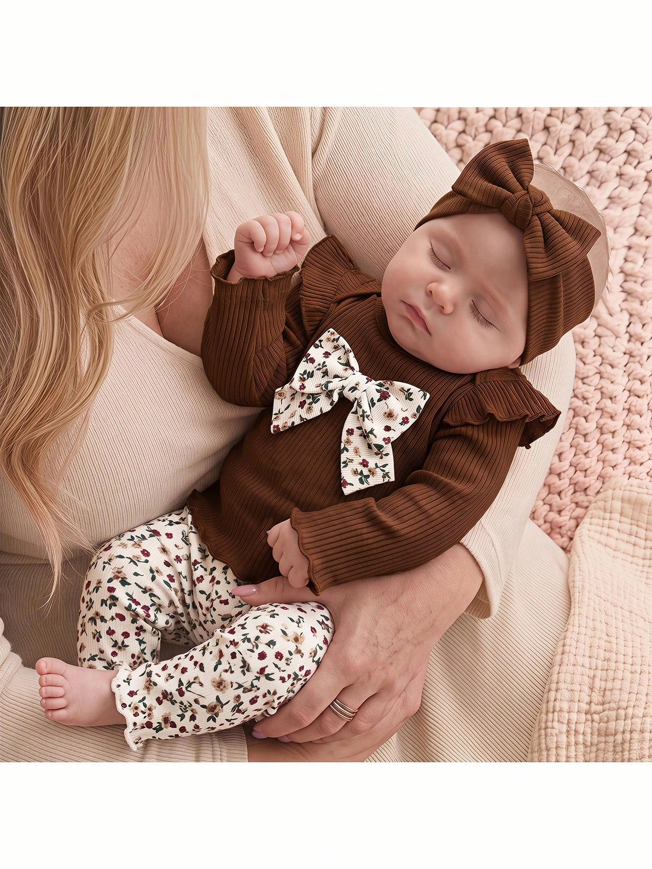Newborn Baby Girl Cute Casual Knitted Bow Top Elastic Waist Ditsy Floral Pants Loungewear Set
