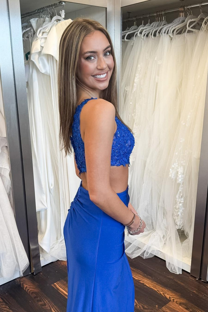 One Shoulder Royal Blue Appliques Cutout Long Dress