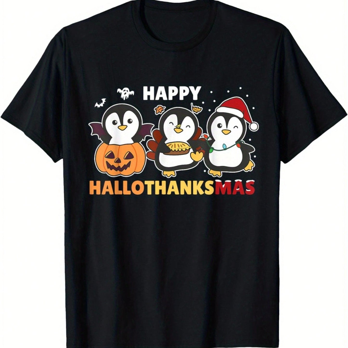 Penguin Christmas And Halloween Costume, Happy Halloween And Thanksgiving T-Shirt,Retro Print, Suitable For Everyday Outdoor Activities.