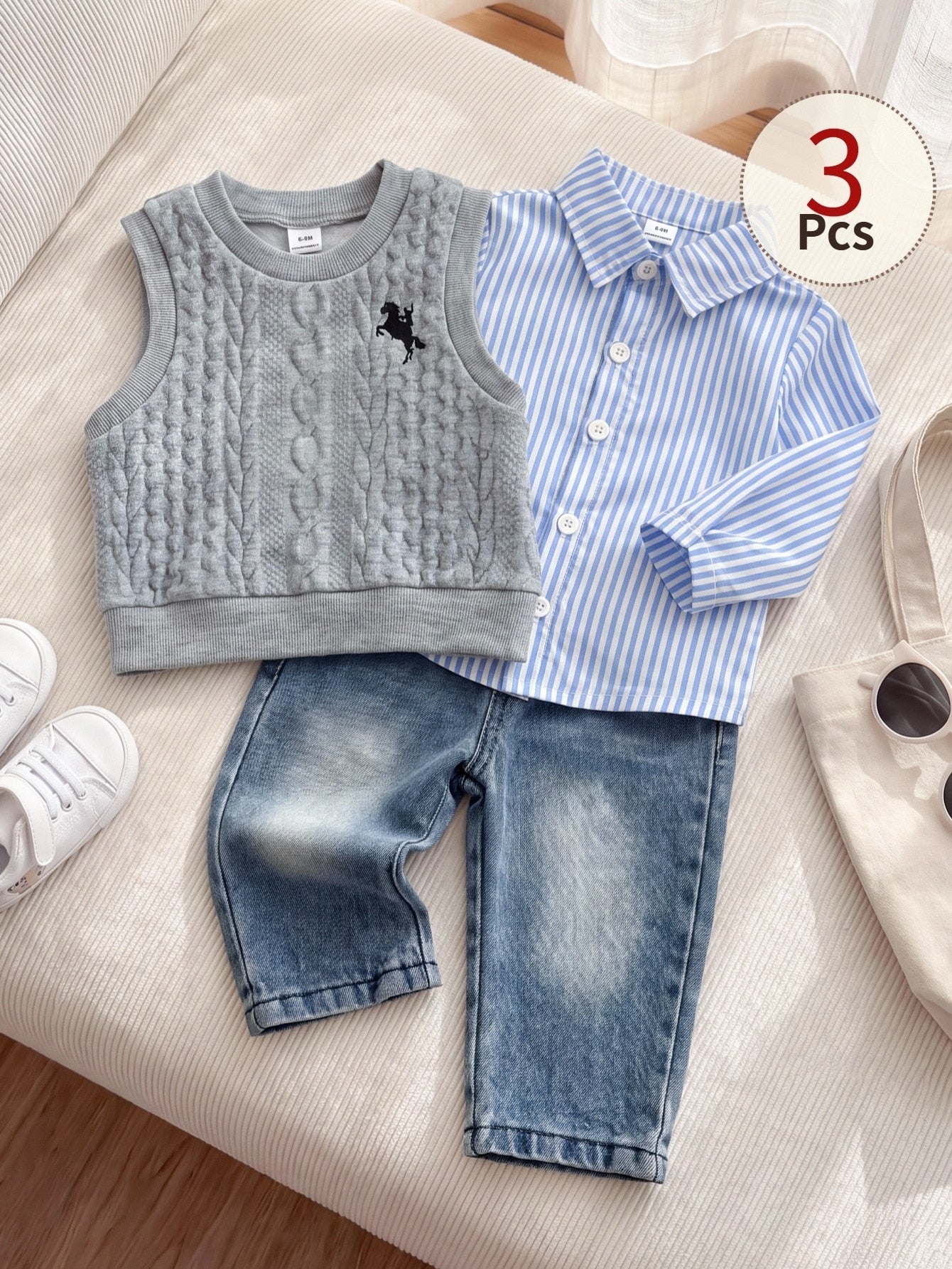 Playful Pals 3pcs Baby Boys Grey Animal Print Vest + Long Sleeve Striped Shirt + Denim Jeans Casual Outfit, Korean Vintage Versatile Animal Print Tank Top With Turn-Down Collar Single-Breasted T