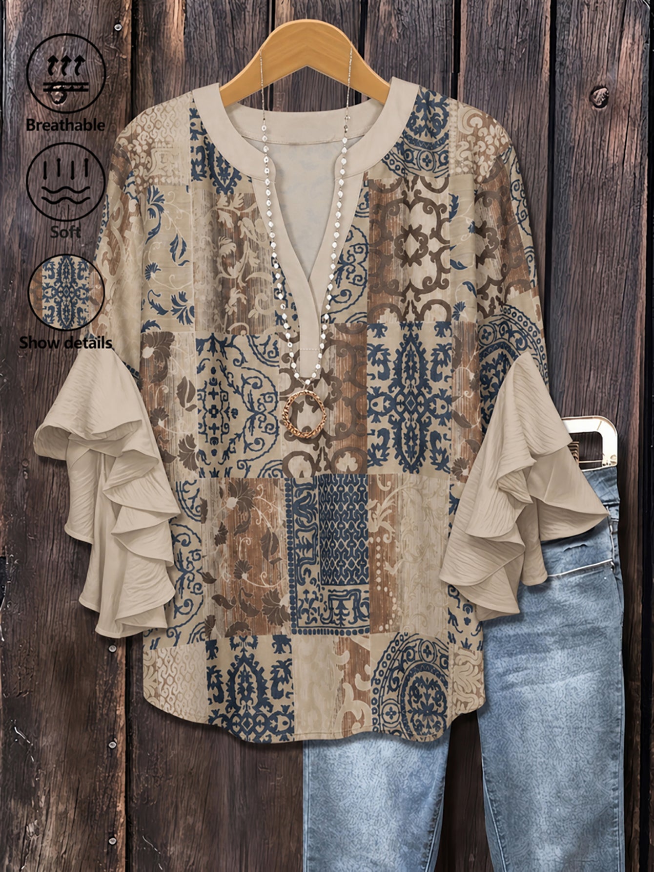 Plus Size Women's Retro Random Print Ruffle Sleeve V-Neck Shirt Blouse Vacation